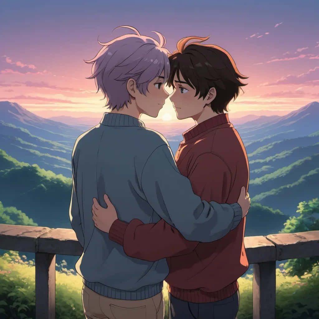 sunset embrace, anime style, mountain overlook, SD Desktop Wallpaper