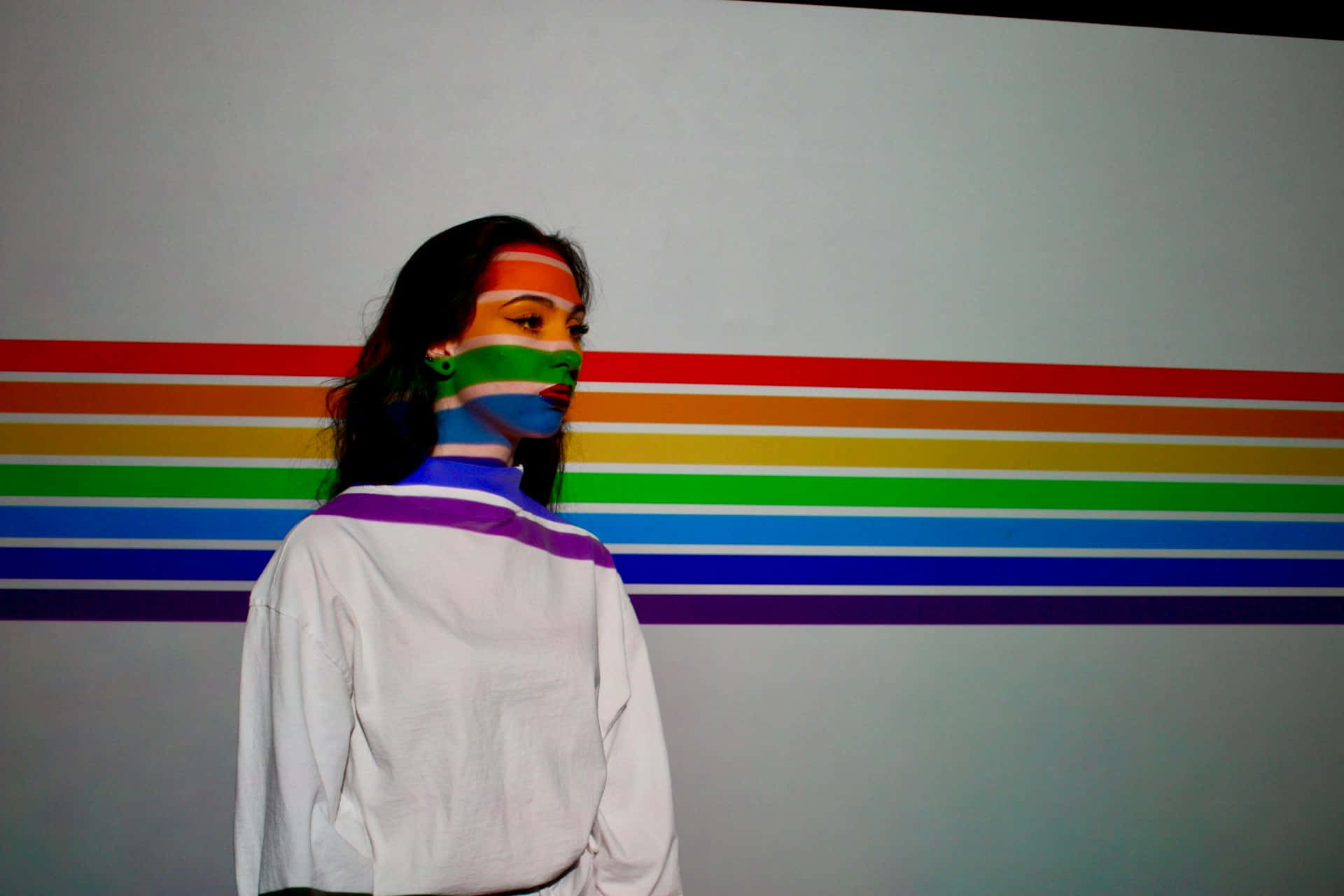 rainbow stripes, face, wall, Full HD Desktop Wallpaper
