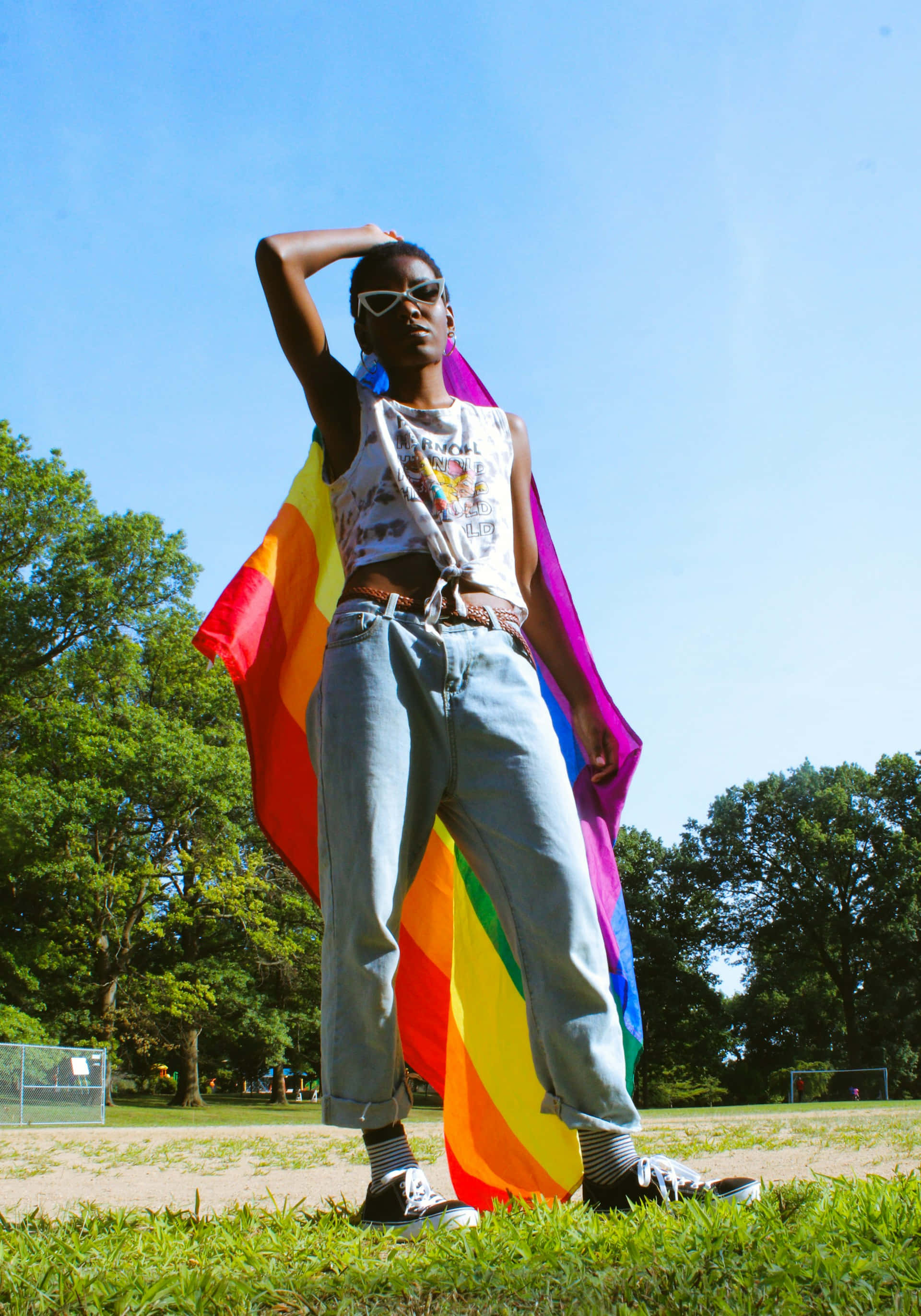 rainbow flag, park, clear blue sky, 2K Phone Wallpaper