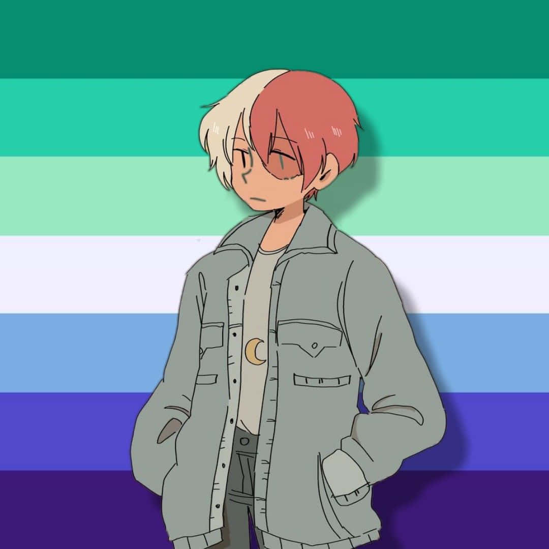 anime-style character, half red and half white hair, multicolored pride flag background, SD Desktop Wallpaper