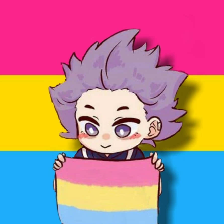 pansexual pride flag, chibi anime character, purple hair, SD Desktop Wallpaper