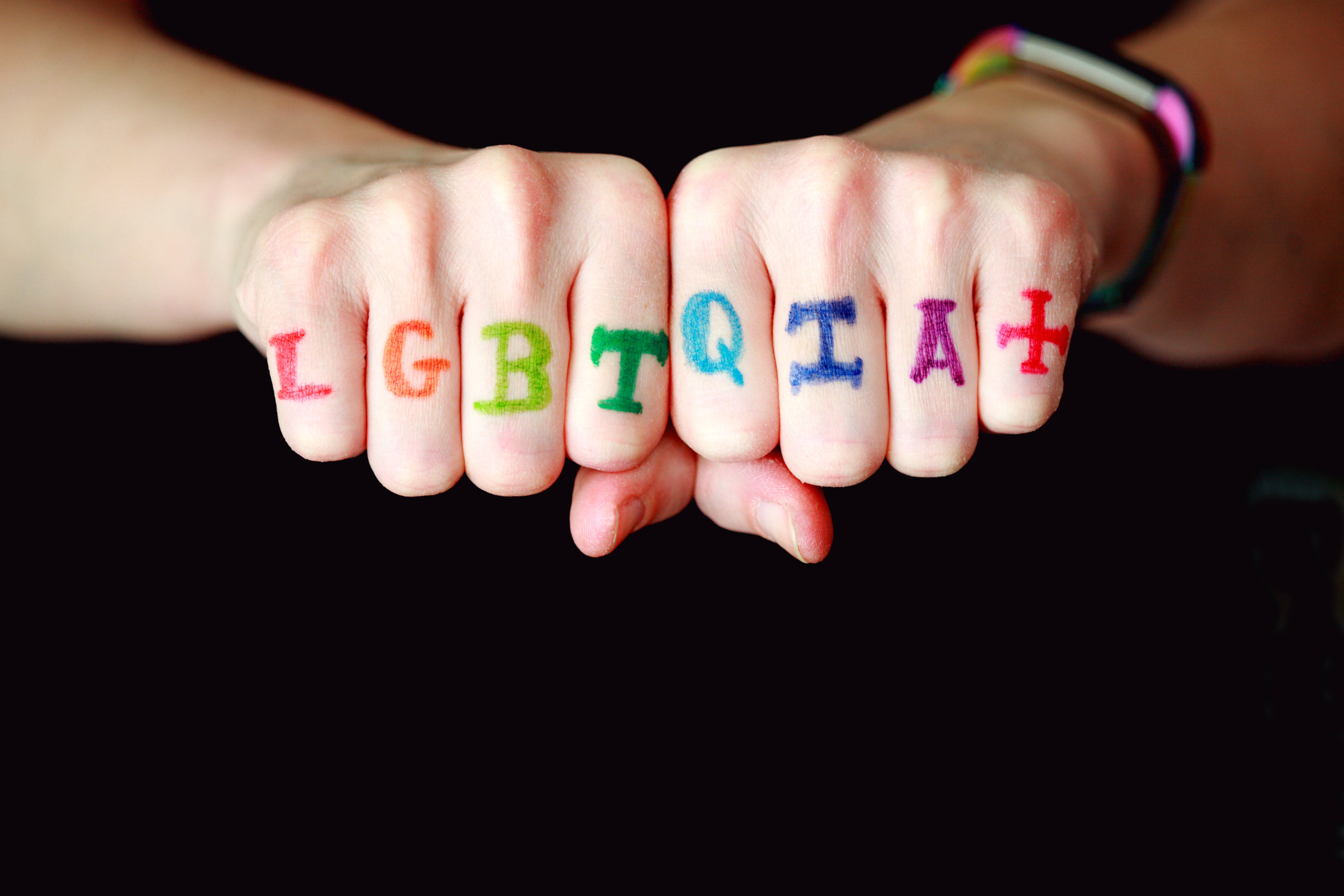 LGBTQIA+, rainbow-colored, fists pressed together, 5K Desktop Wallpaper