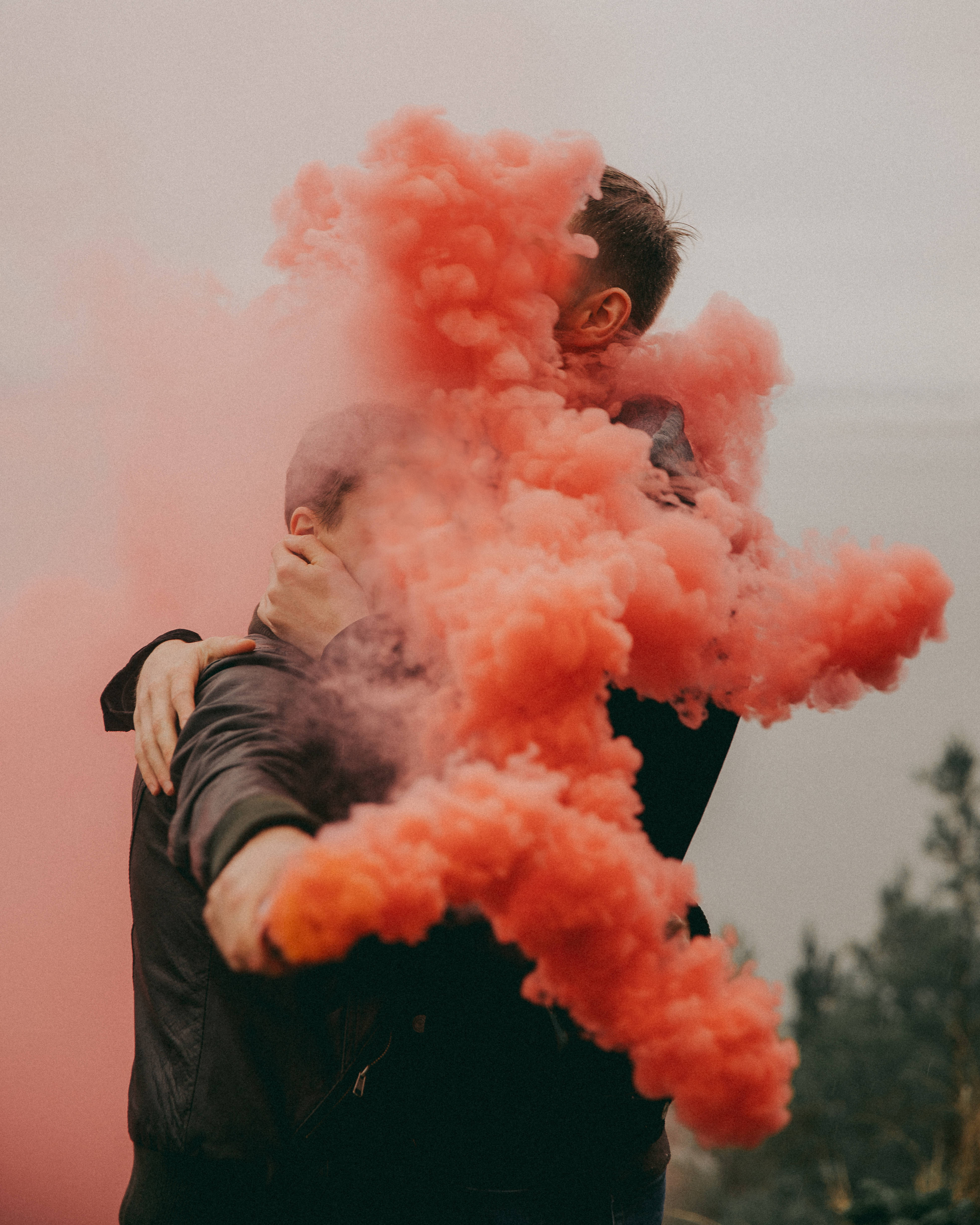 gay couple, smoke bombs, vibrant coral smoke, 4K Phone Wallpaper