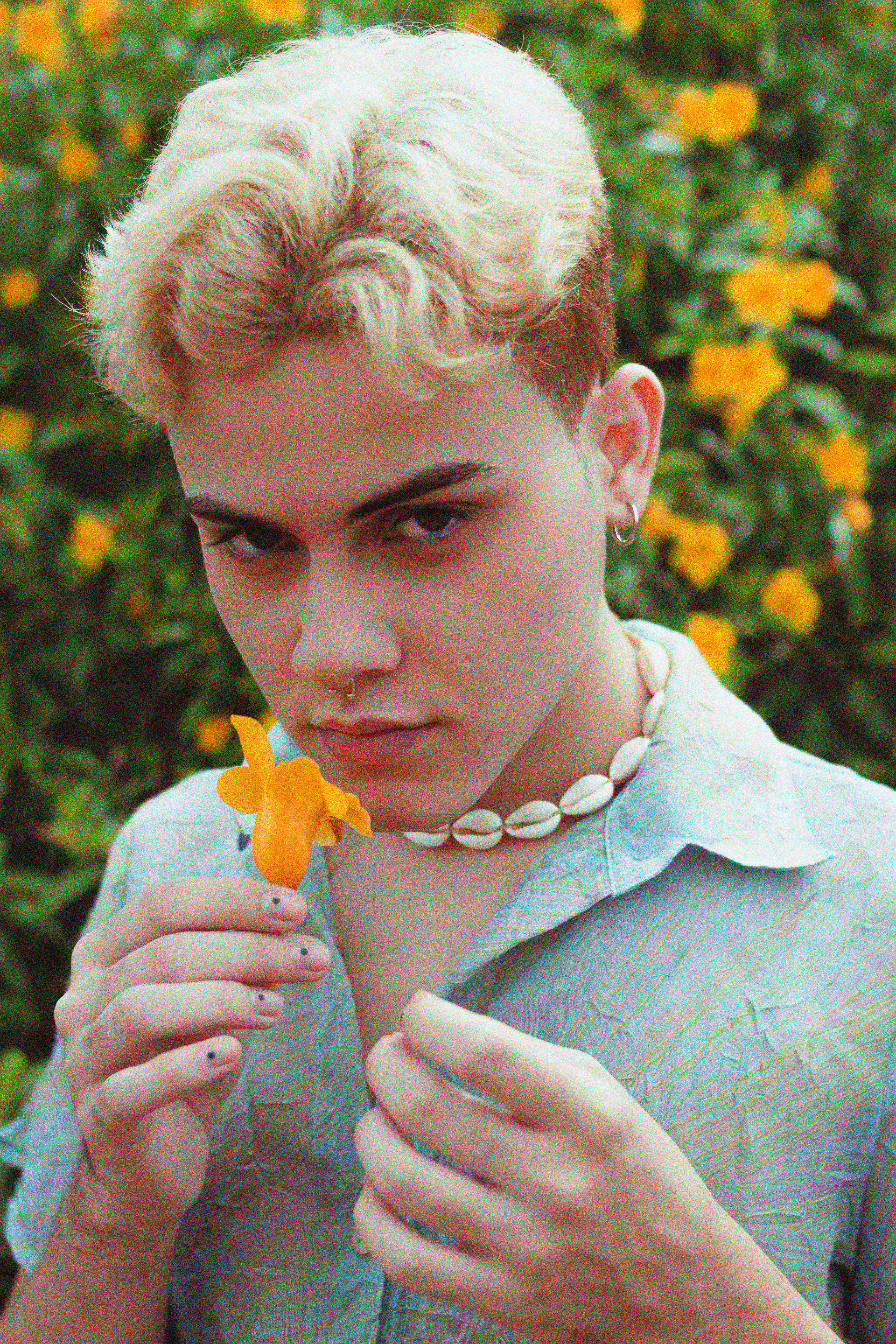 platinum blonde curls, yellow flower, orange blossoms, 5K Phone Wallpaper