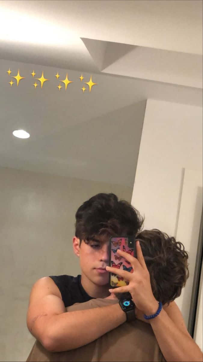mirror selfie, golden sparkle emojis, two young men, SD Phone Wallpaper