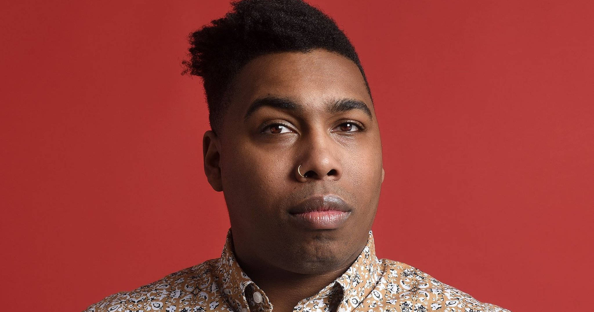 red background, nose ring, patterned shirt, Full HD Desktop Wallpaper