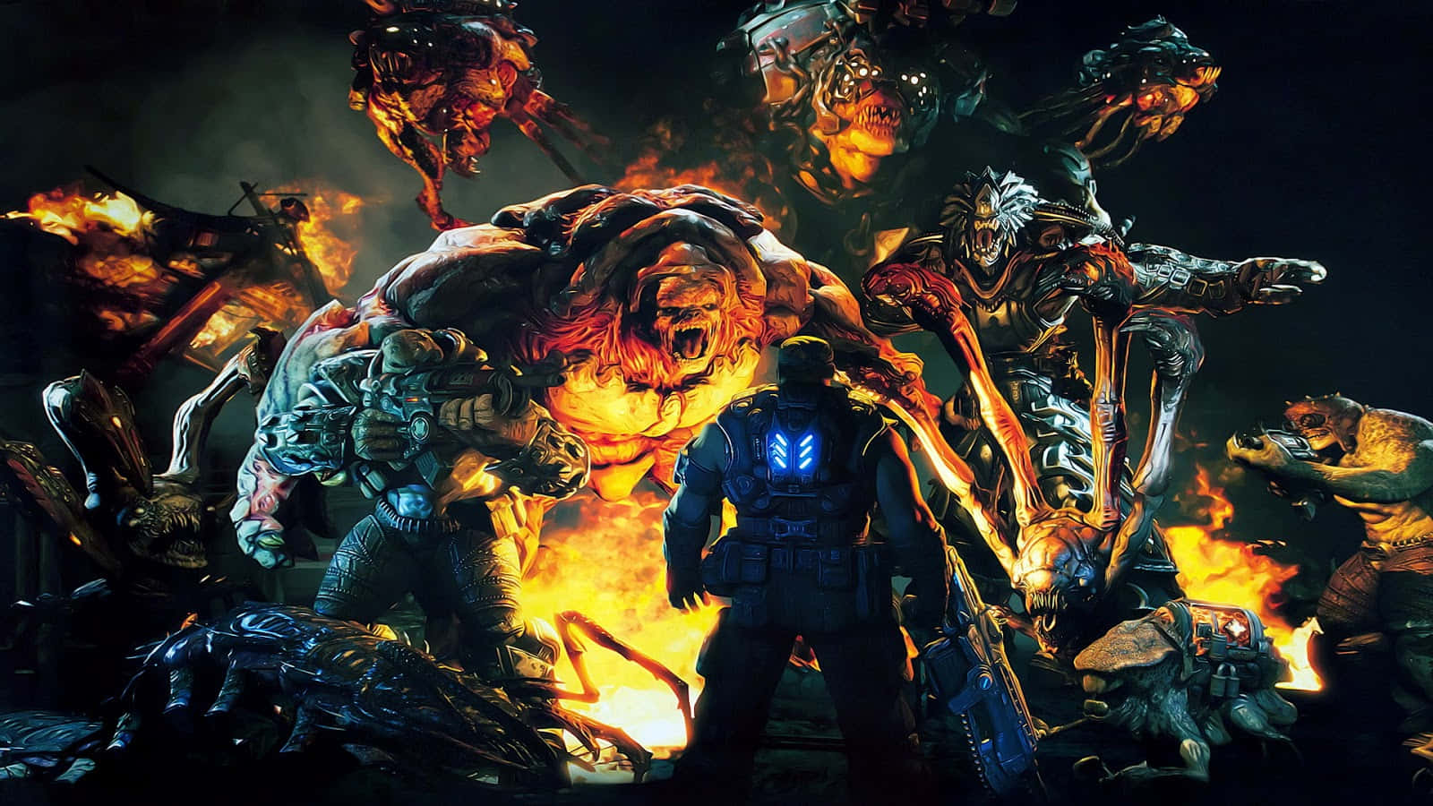Gears Of War 1, blue armor, fiery monsters, HD Desktop Wallpaper