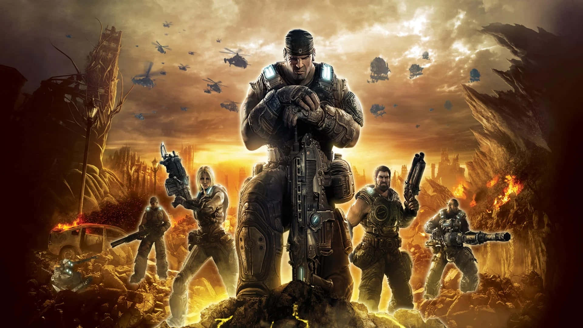 Gears Of War 1, squad of heavily armed soldiers, war-torn, Full HD Desktop Wallpaper