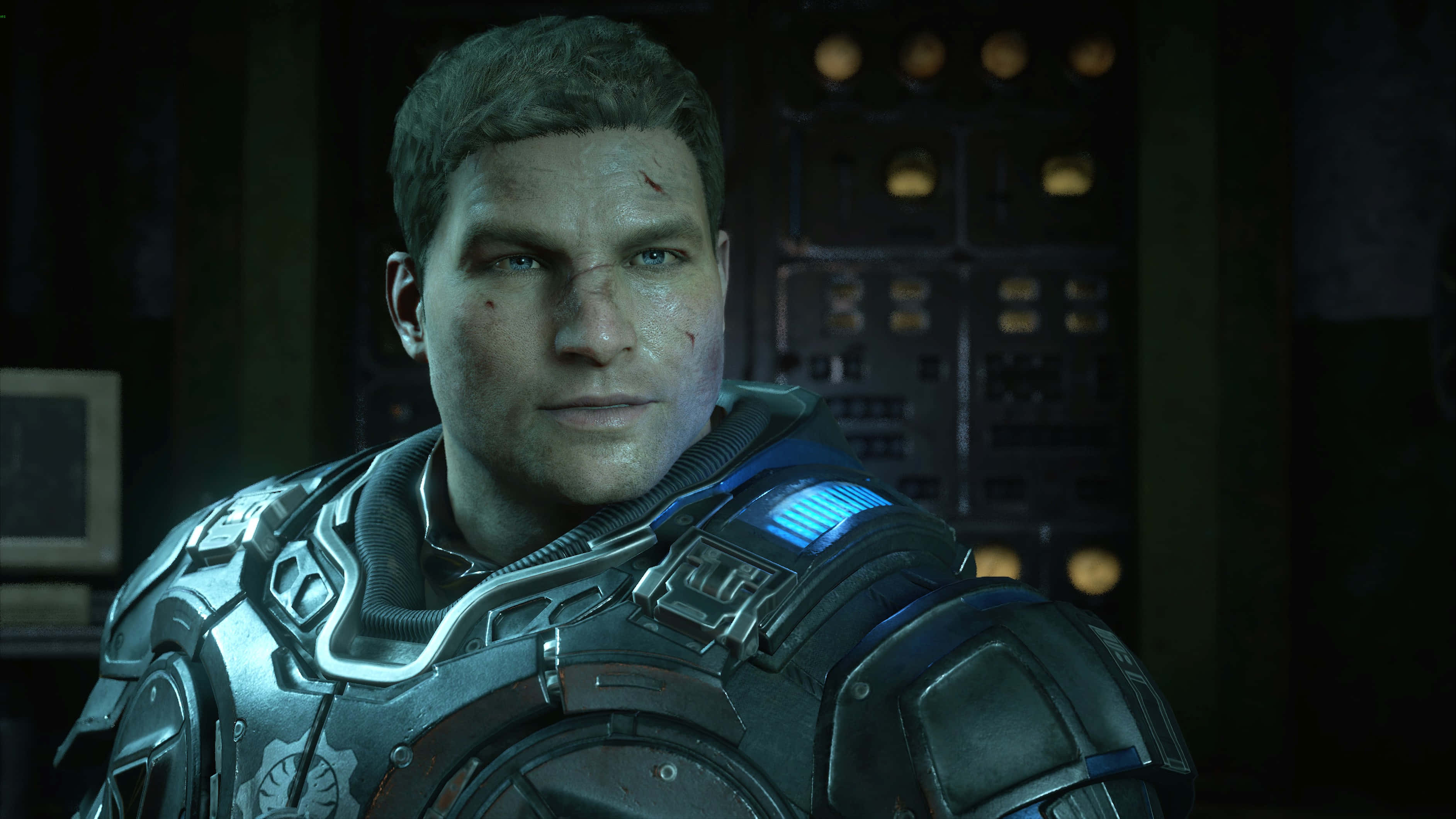Gears Of War 1, futuristic armor, dimly lit sci-fi control room, 2K Desktop Wallpaper