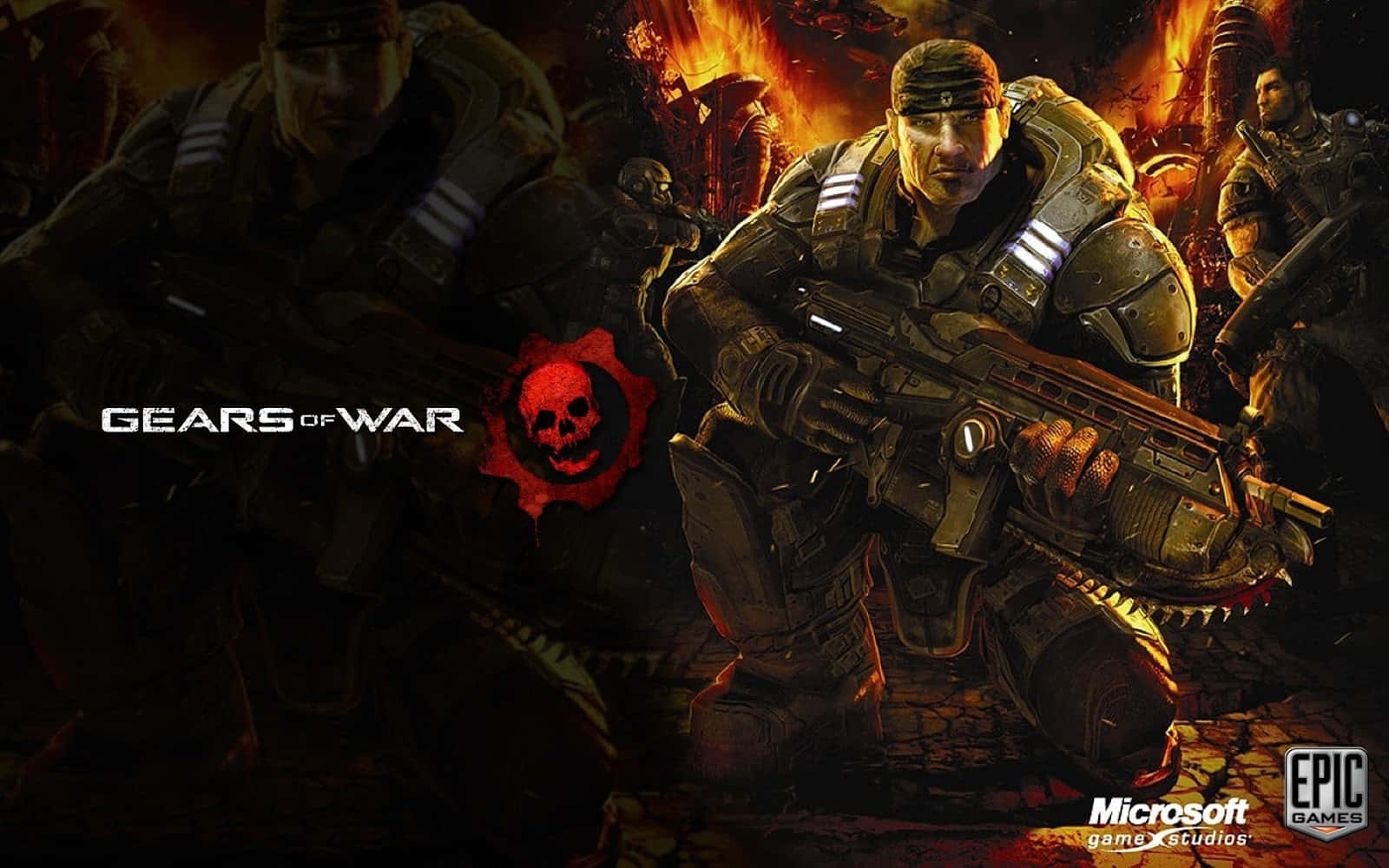 Gears Of War 1, armored soldiers, fiery warzone, HD Desktop Wallpaper