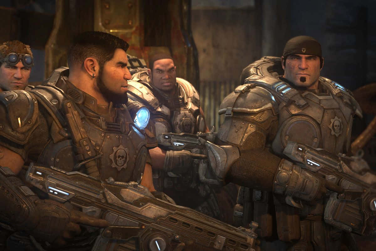 Gears of War 1, four heavily armored soldiers, futuristic weapons, SD Desktop Wallpaper