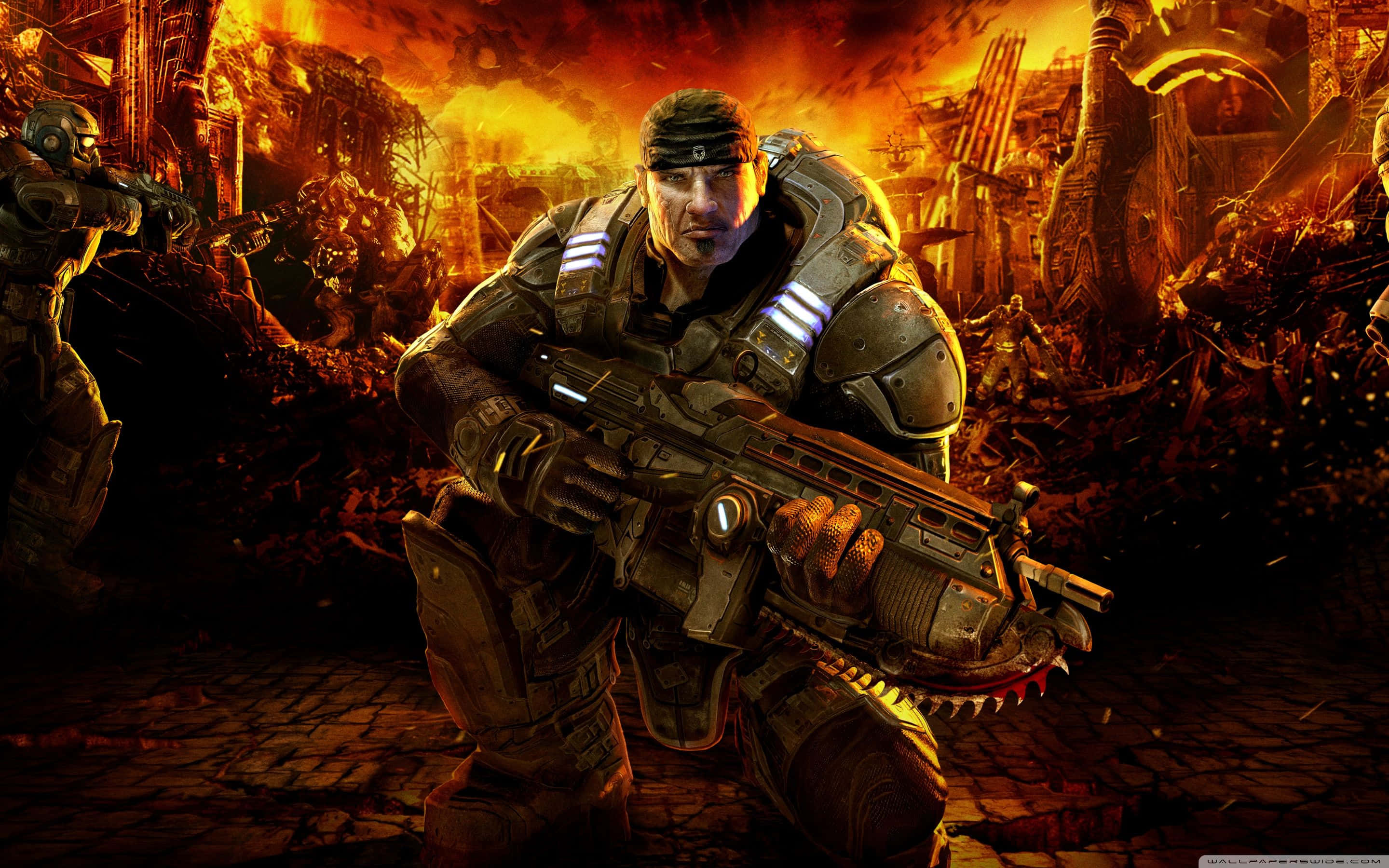 Gears Of War 1, chainsaw weapon, heavy armor, 2K Desktop Wallpaper