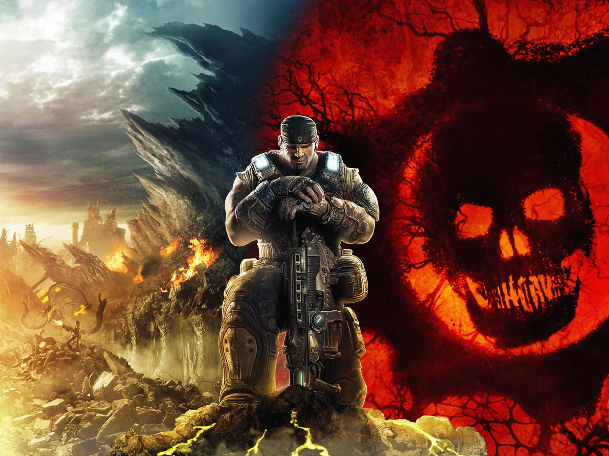Gears Of War 1, soldier in heavy armor, rifle, Full HD Desktop Wallpaper