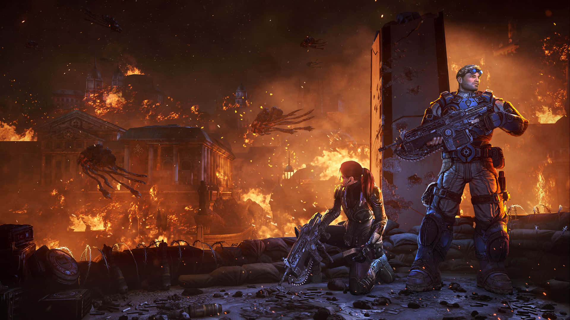 Gears of War 1, armored soldiers, fiery ruins, Full HD Desktop Wallpaper