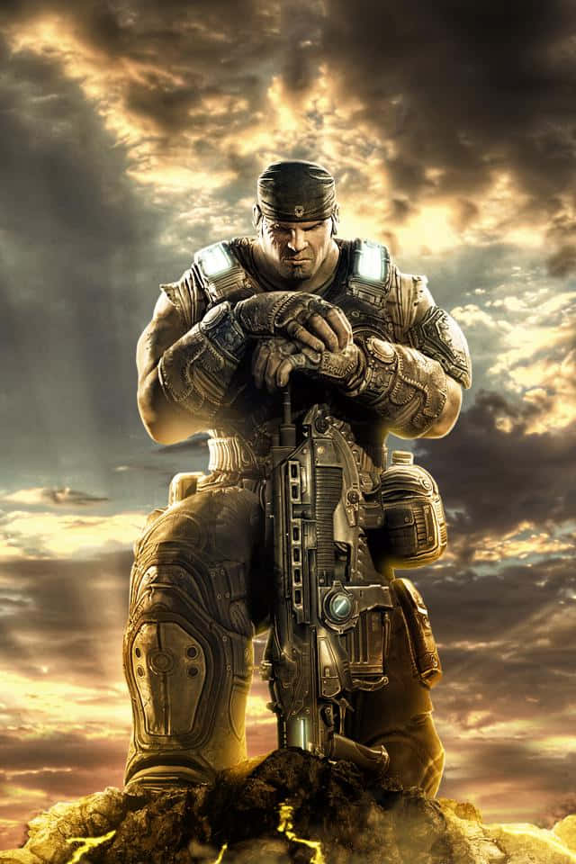 Gears of War 1, futuristic weapon, rocky outcrop, SD Phone Wallpaper