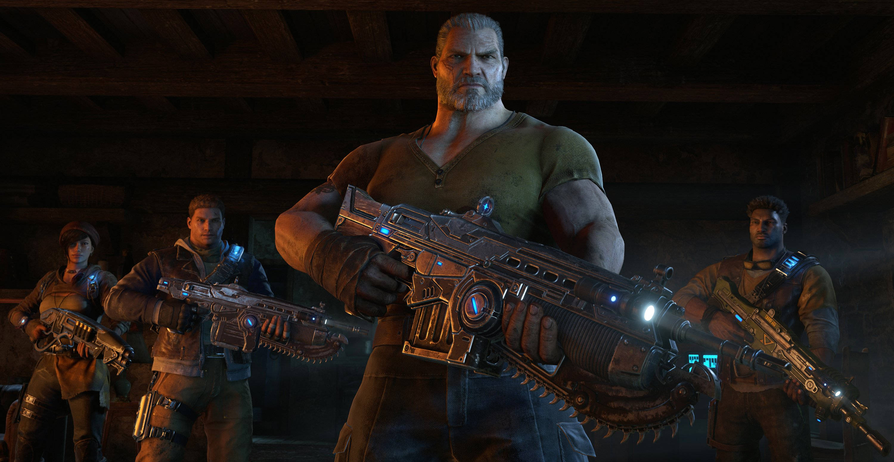 Gears Of War 4, squad of characters, glowing futuristic weapons, 2K Desktop Wallpaper