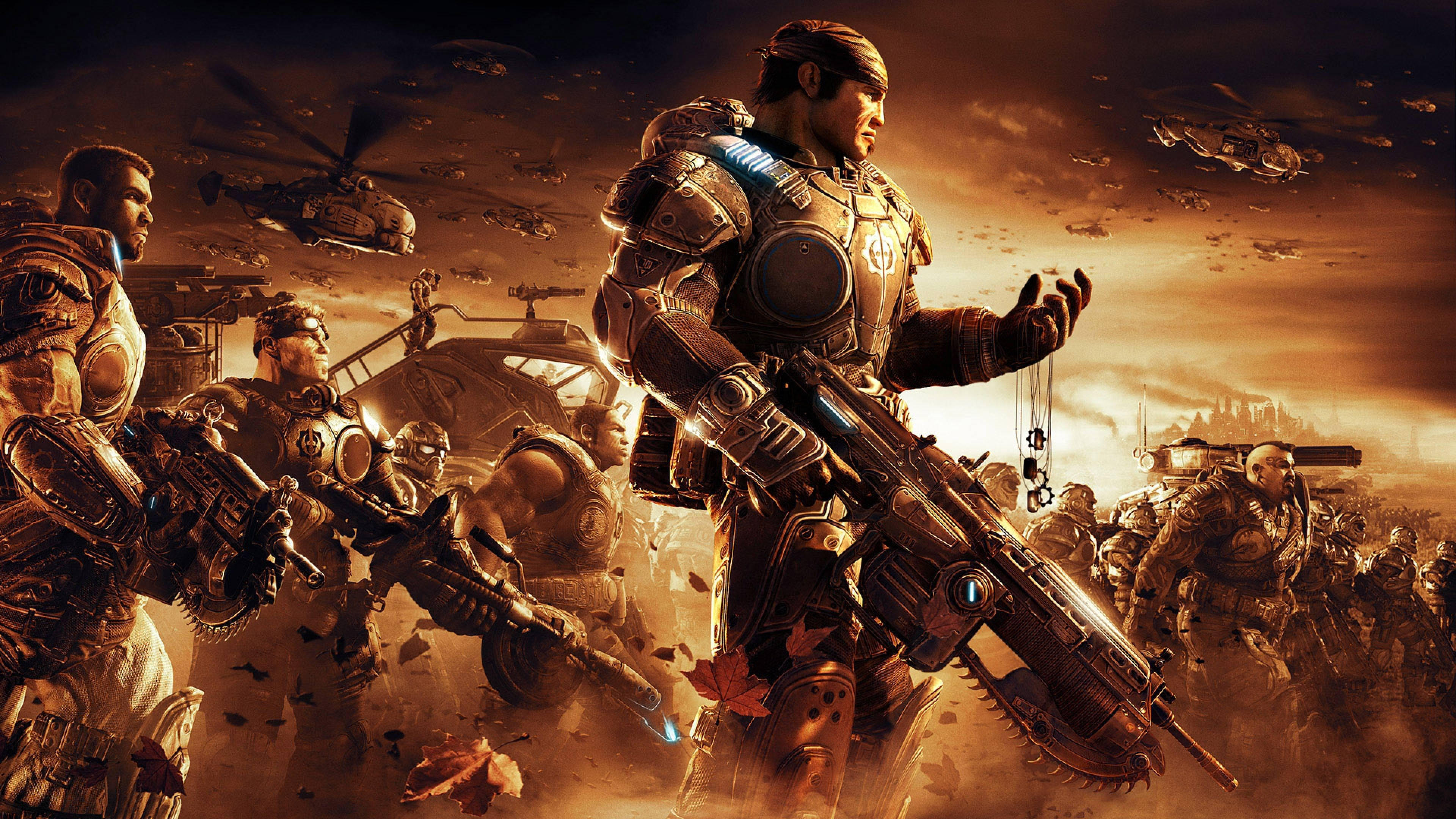 Gears Of War 4, heavily armored soldiers, dusty battlefield, 4K Desktop Wallpaper