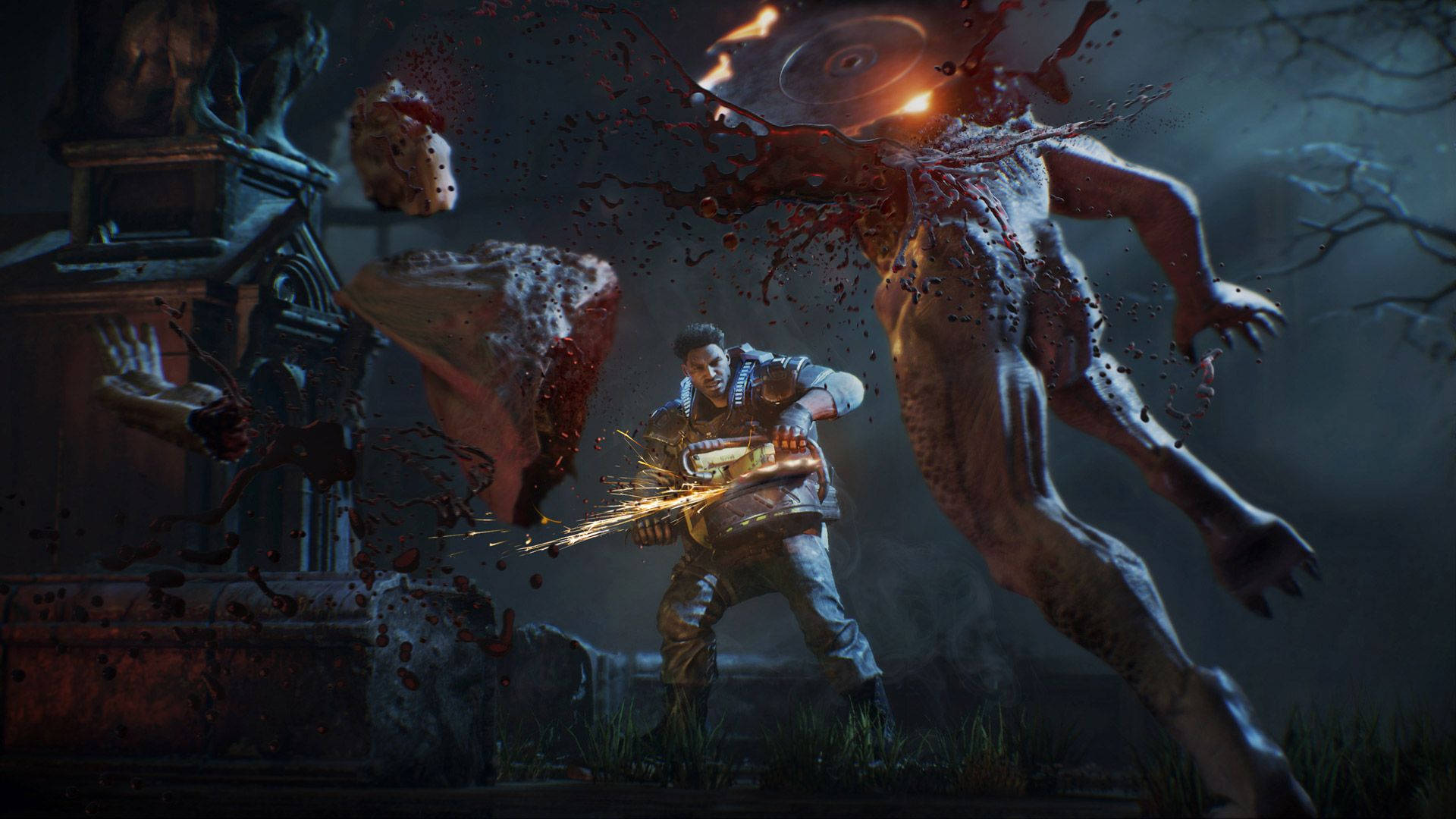 Gears Of War 4, chainsaw, grotesque bloodsplattered monster, Full HD Desktop Wallpaper