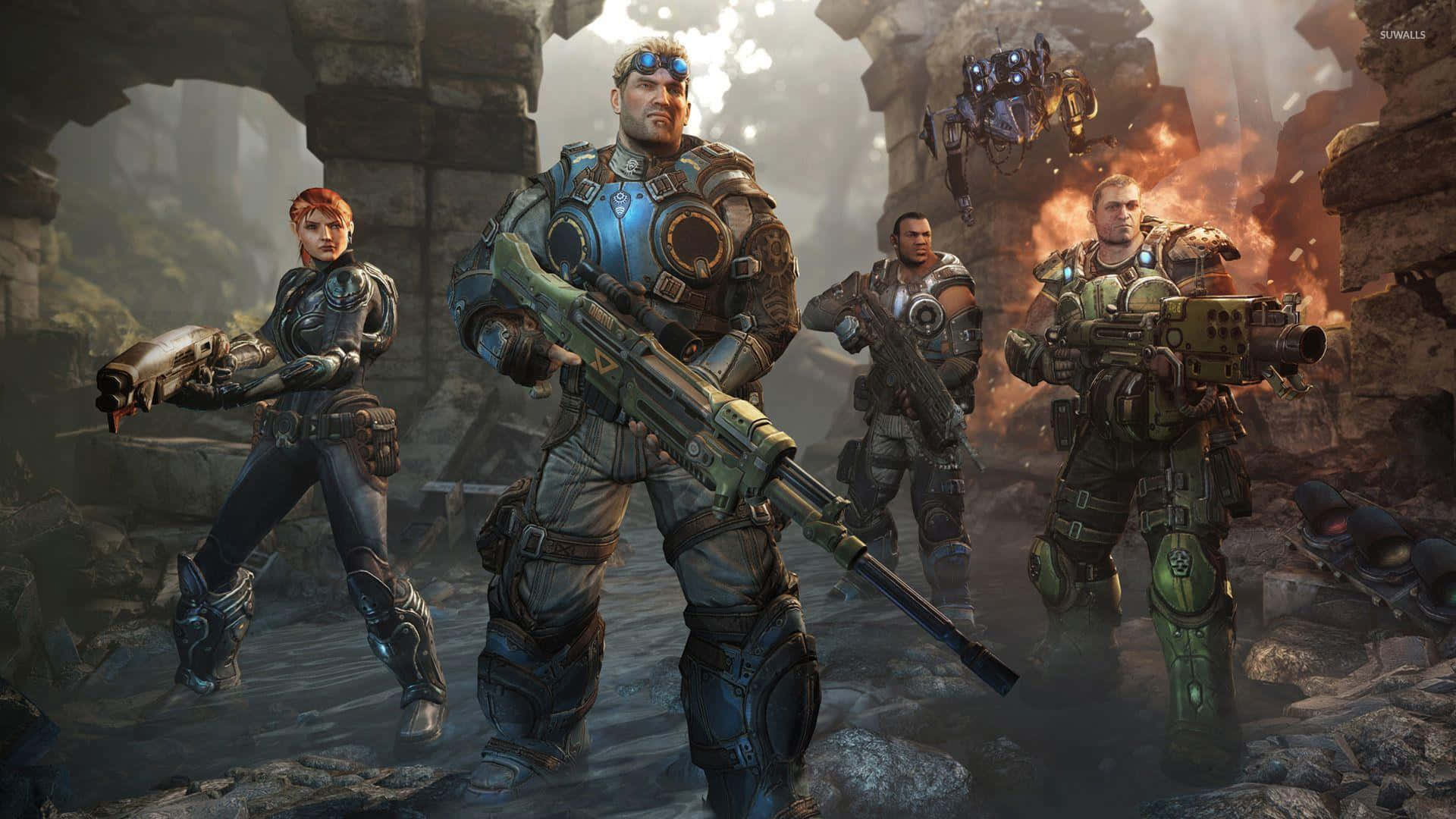 Gears Of War 4, futuristic weapons, ruined stone archway, Full HD Desktop Wallpaper