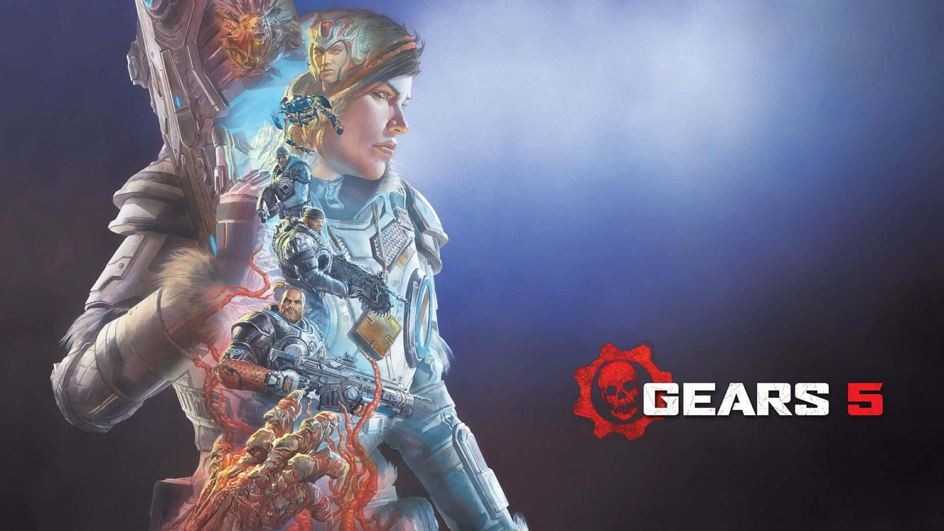 Gears of War 5, futuristic armor, smoky blue backdrop, Full HD Desktop Wallpaper