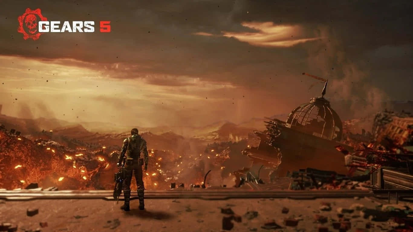 Gears Of War 5, destroyed city, fiery orange sky, HD Desktop Wallpaper