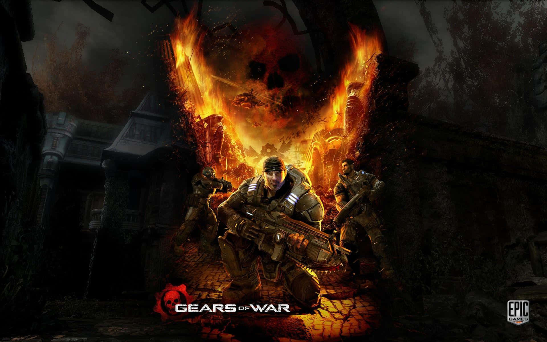 Gears Of War 5, armored soldiers, burning ruined street, Full HD Desktop Wallpaper