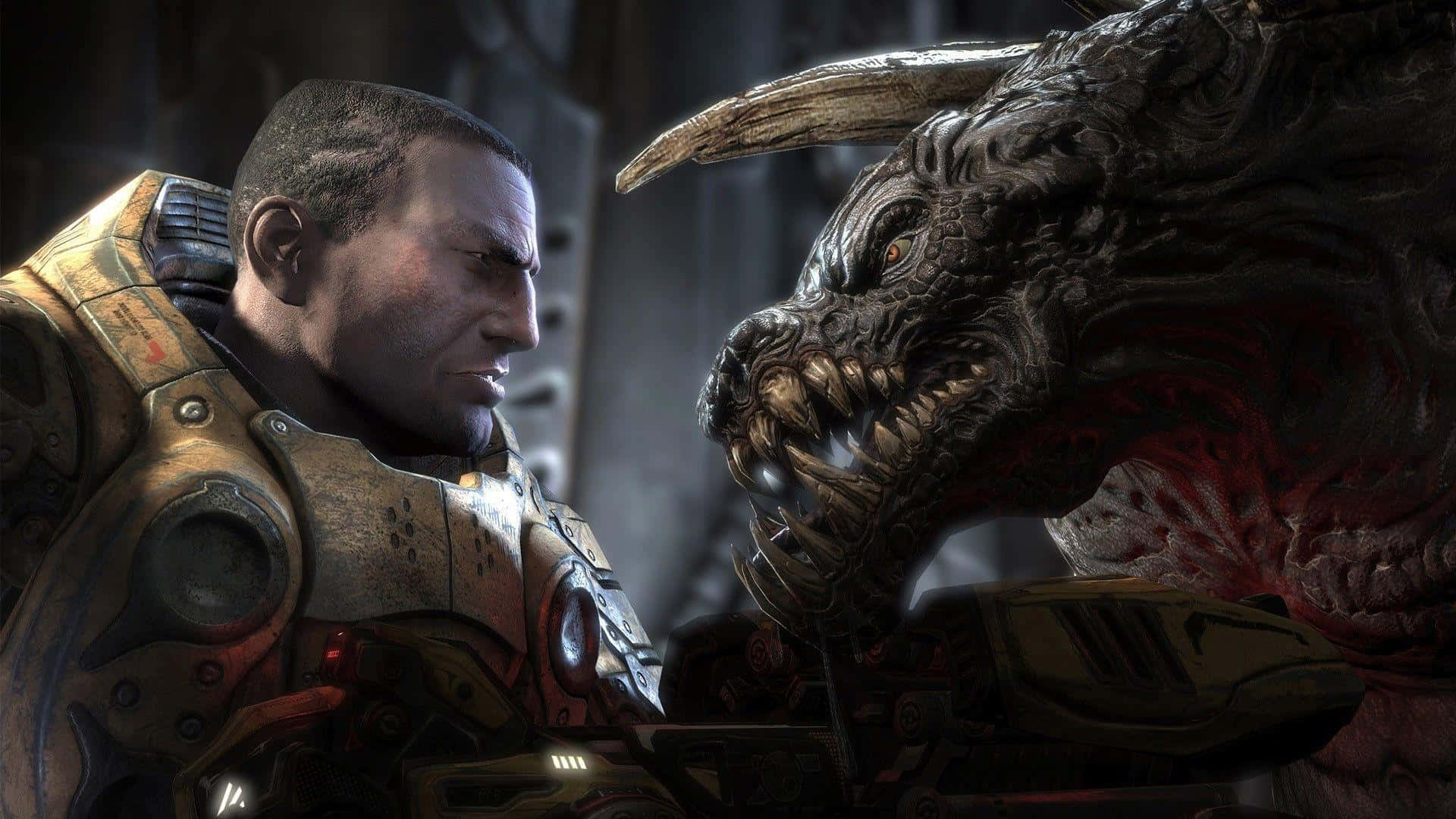 Gears of War 5, soldier in battle armor, monstrous horned creature, Full HD Desktop Wallpaper