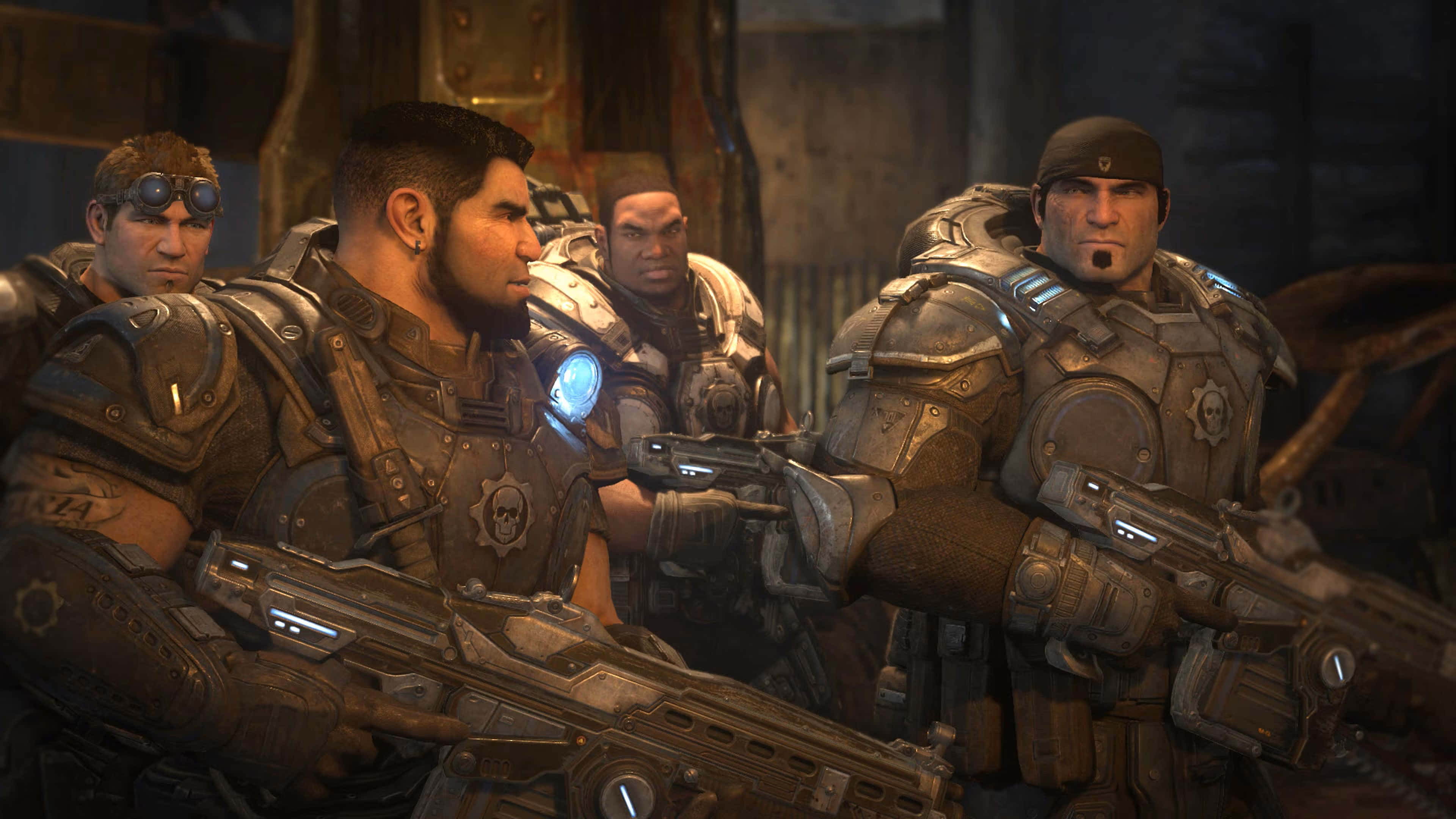 Gears Of War Ultimate Edition, futuristic weapons, heavily armored soldiers, 4K Desktop Wallpaper