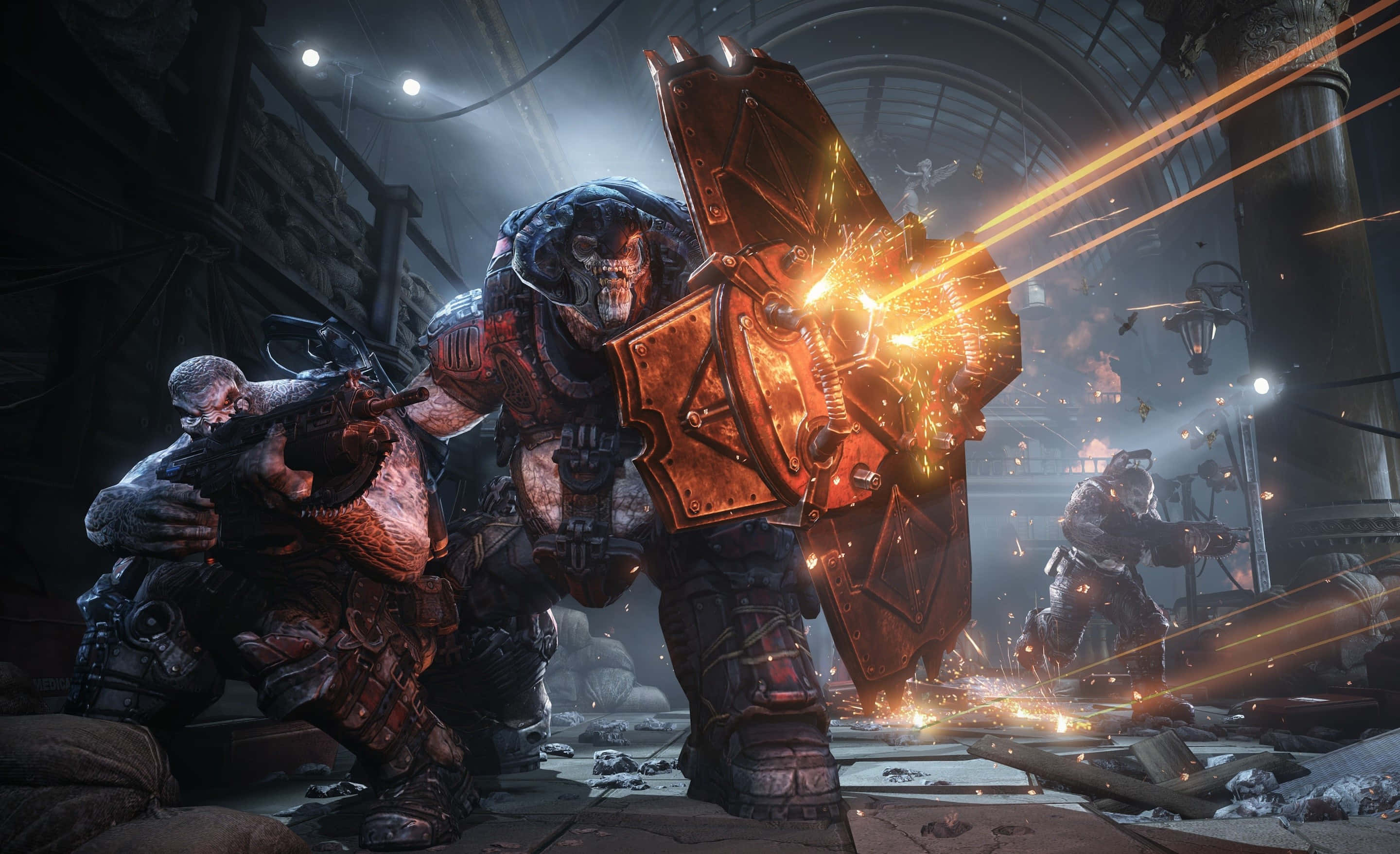 Gears Of War Ultimate Edition, Giant armored warrior, glowing shield, 2K Desktop Wallpaper