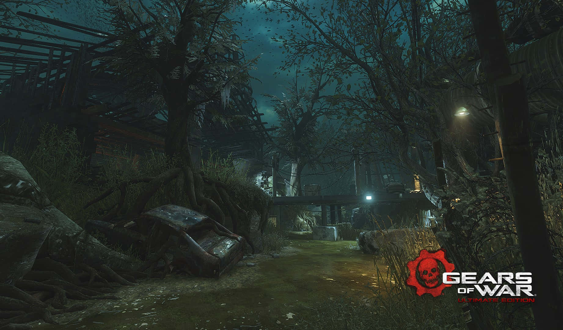 Gears Of War Ultimate Edition, nighttime ruins scene, dark eerie forest path, HD Desktop Wallpaper