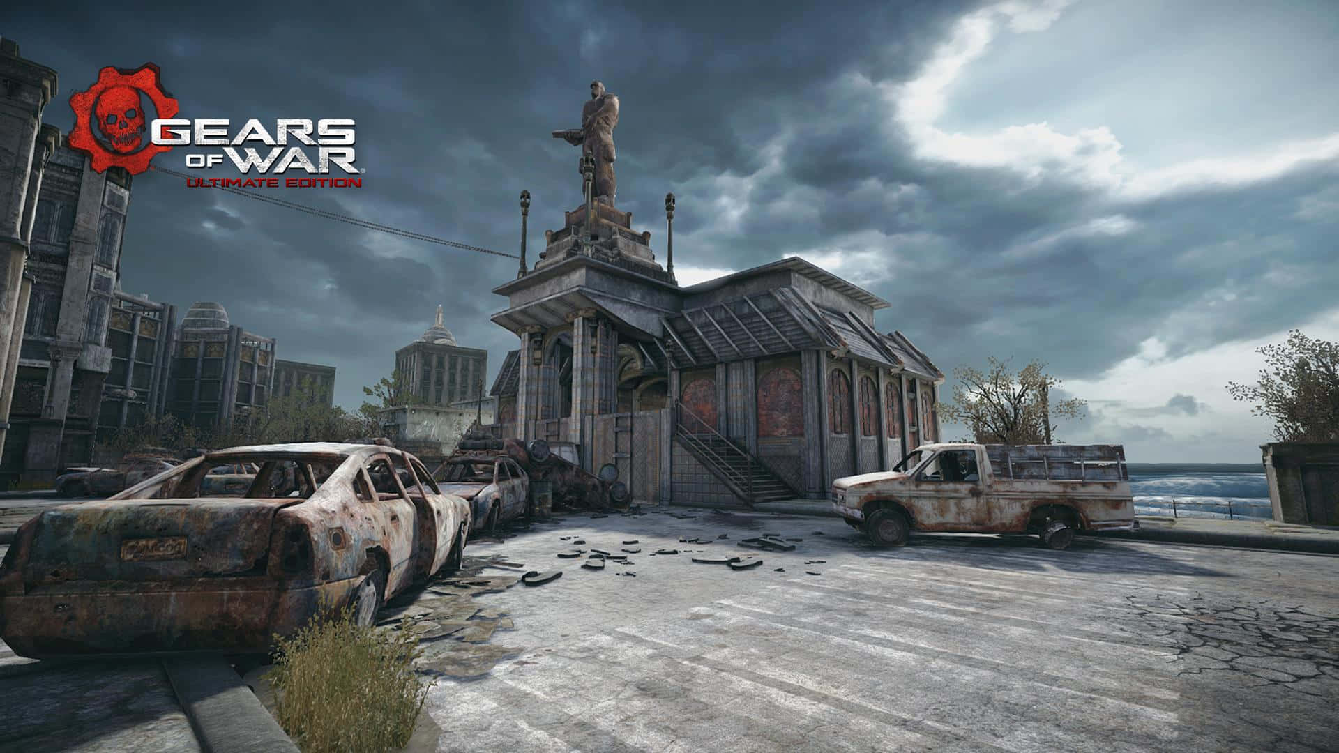 Gears Of War Ultimate Edition, war torn cityscape, rusty cars, Full HD Desktop Wallpaper