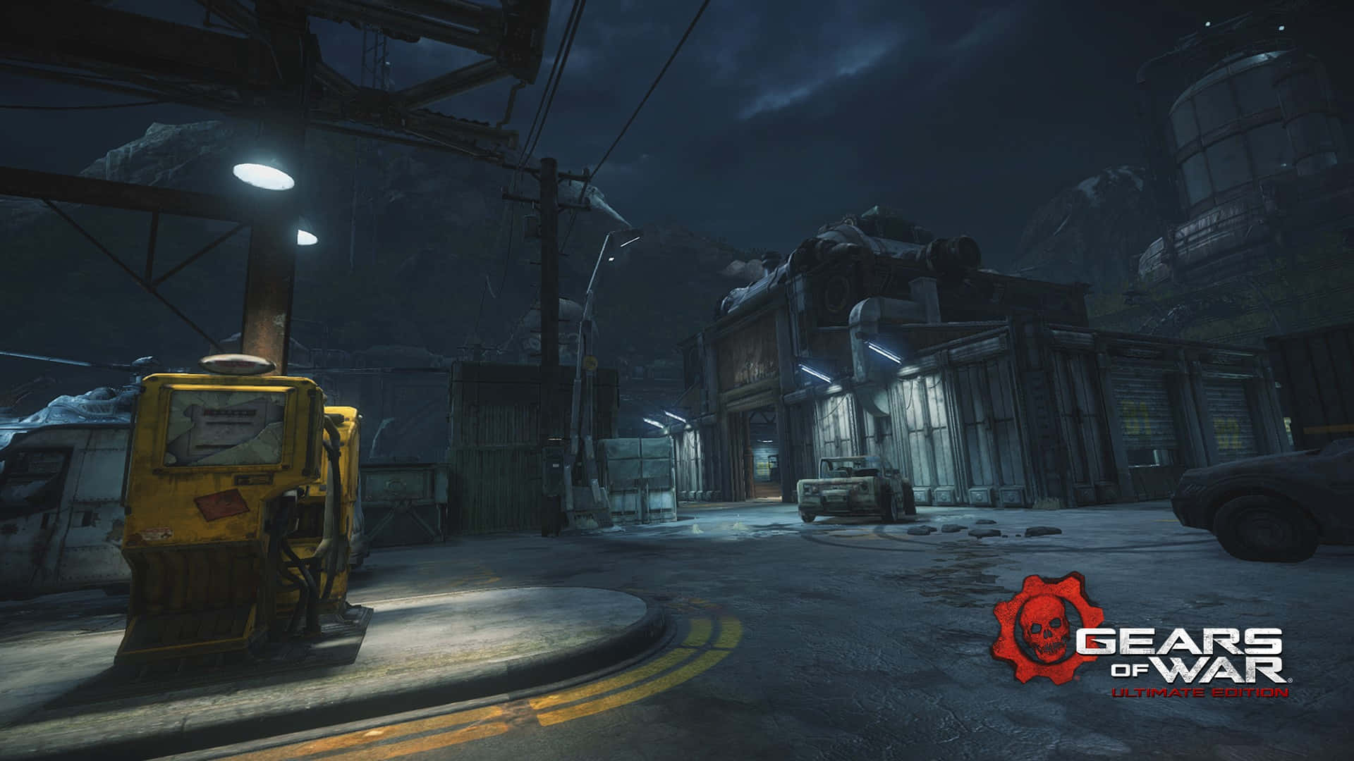 Gears Of War Ultimate Edition, nighttime outpost scene, yellow gas pump, Full HD Desktop Wallpaper