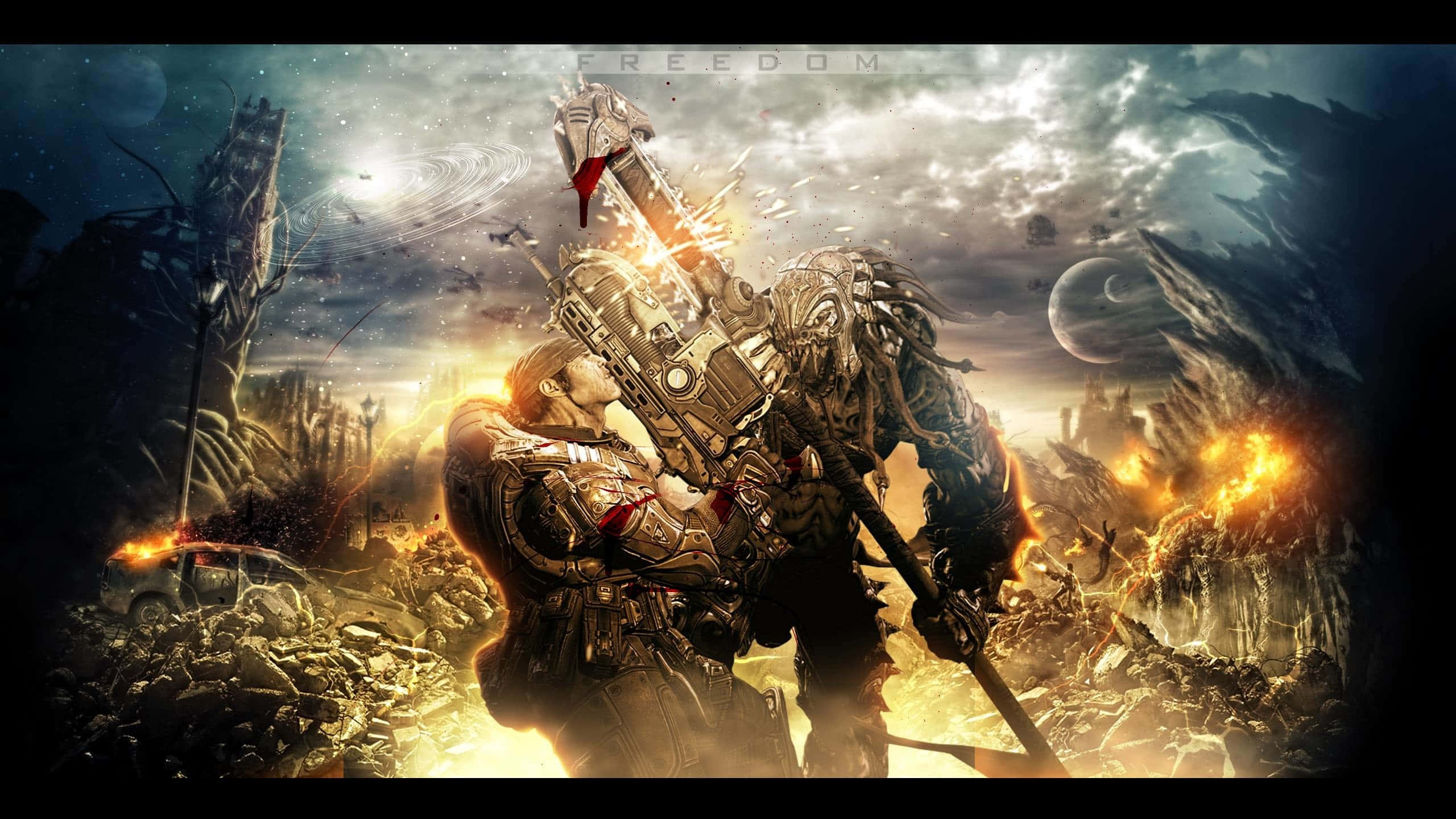 Gears of War 3, chainsaw, heavy armor, 2K Desktop Wallpaper
