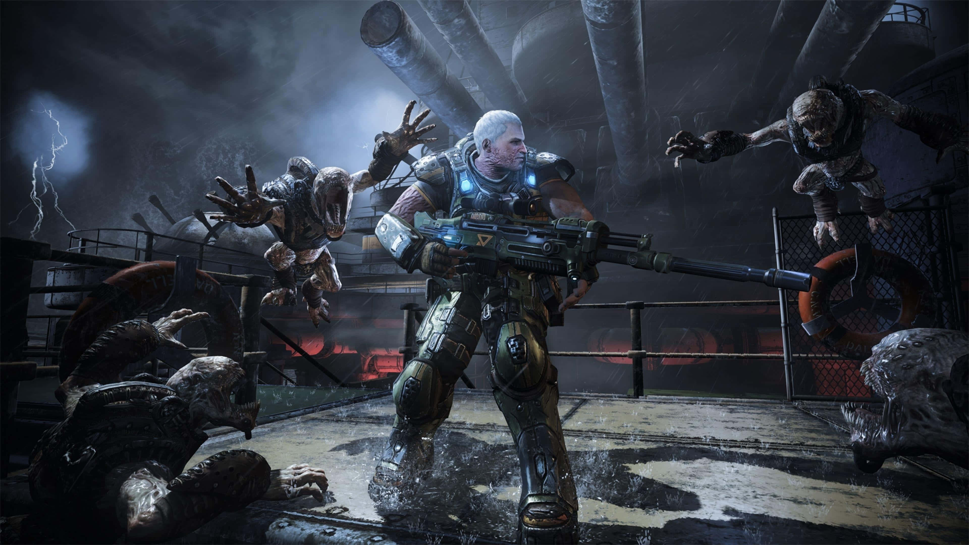Gears of War 5, soldier in heavy armor, grotesque zombie-like creatures, 4K Desktop Wallpaper