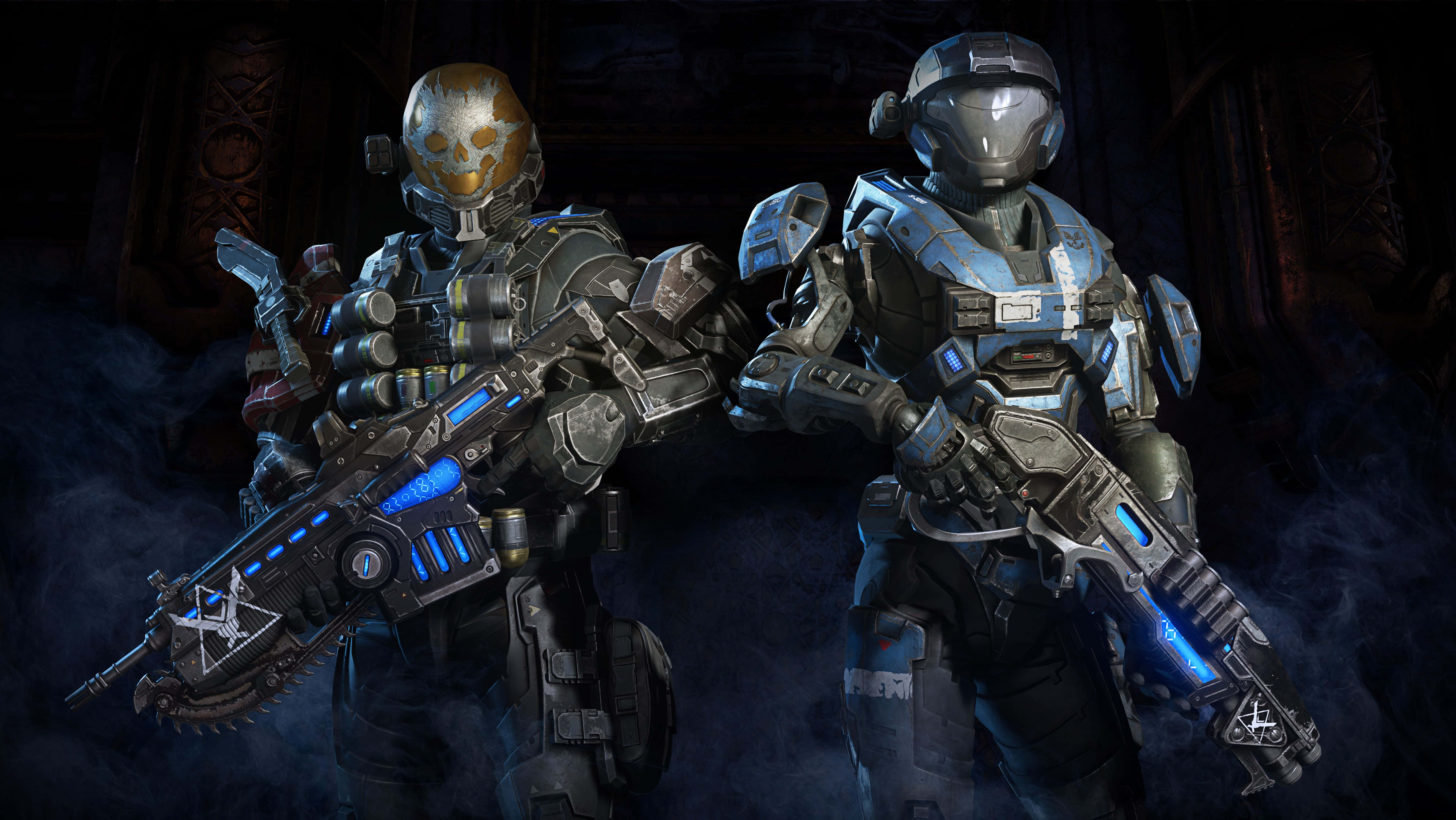 Gears Of War 5, glowing blue weapons, futuristic combat gear, 5K Desktop Wallpaper