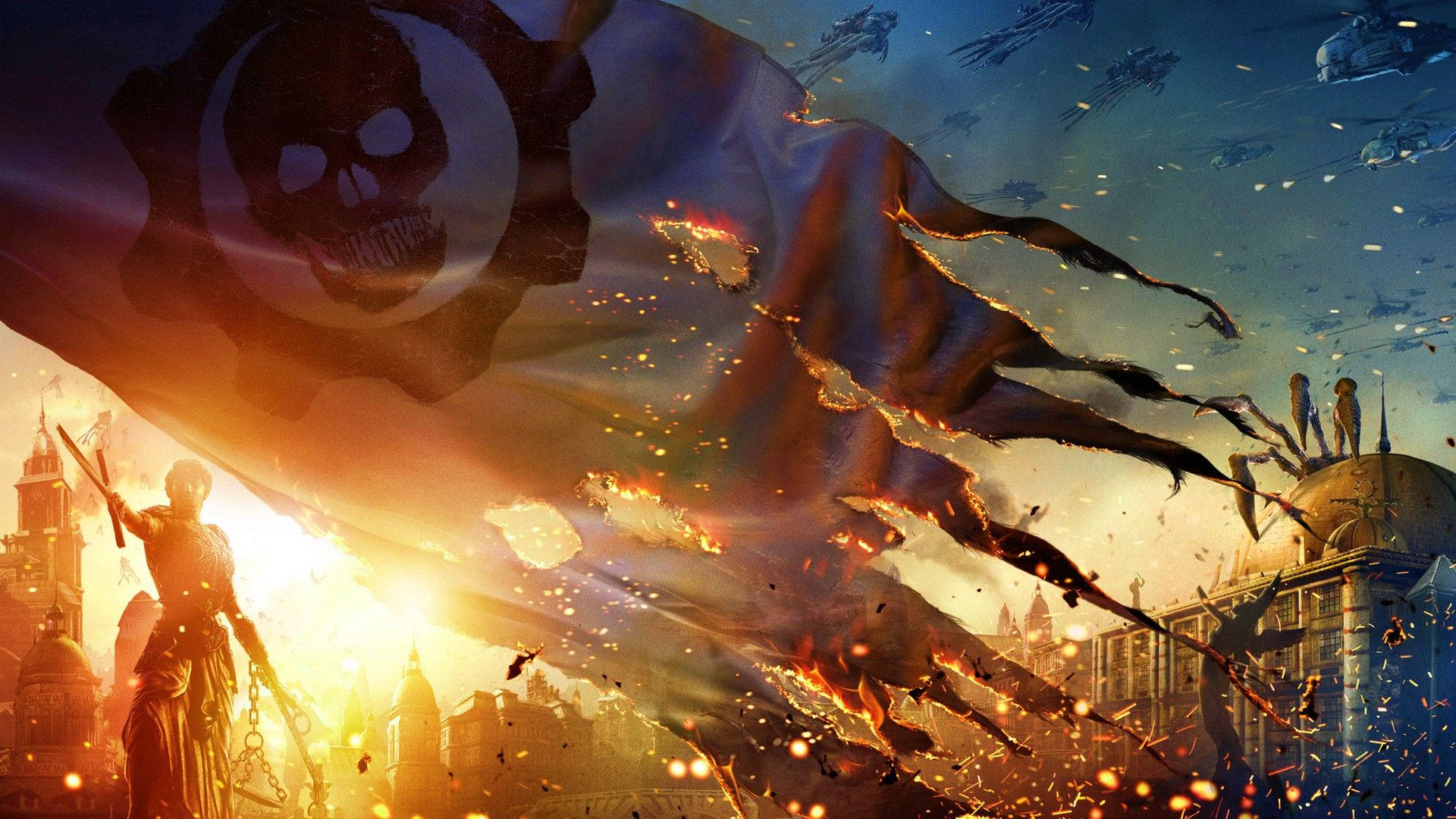 Gears Of War, Fire Flag, skull emblem, Full HD Desktop Wallpaper