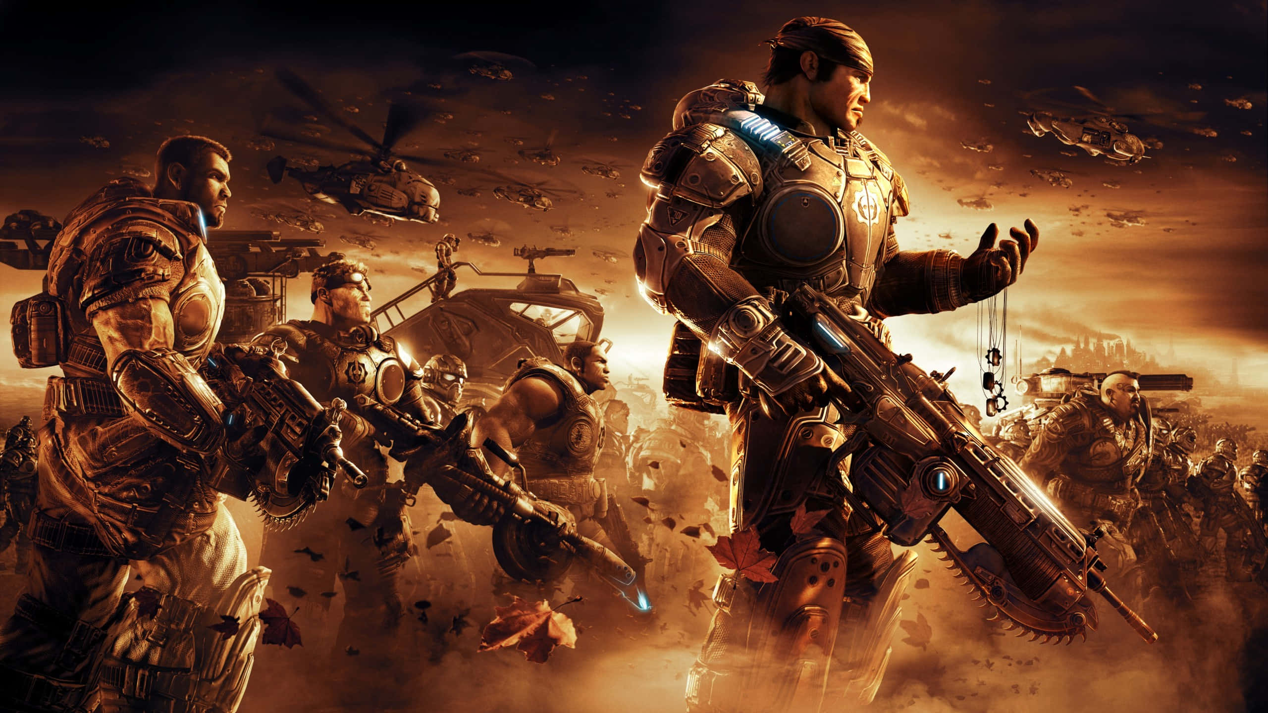 Gears Of War 1, heavily armored soldiers, dusty battlefield, 2K Desktop Wallpaper