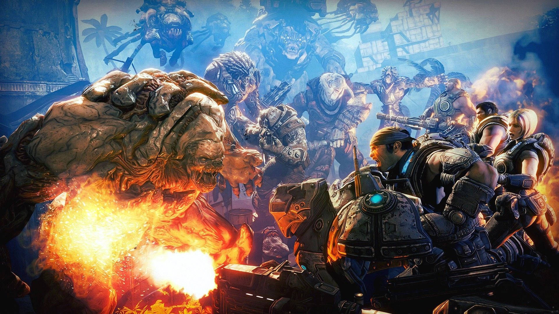 Gears Of War, monster fight, armored warriors, Full HD Desktop Wallpaper