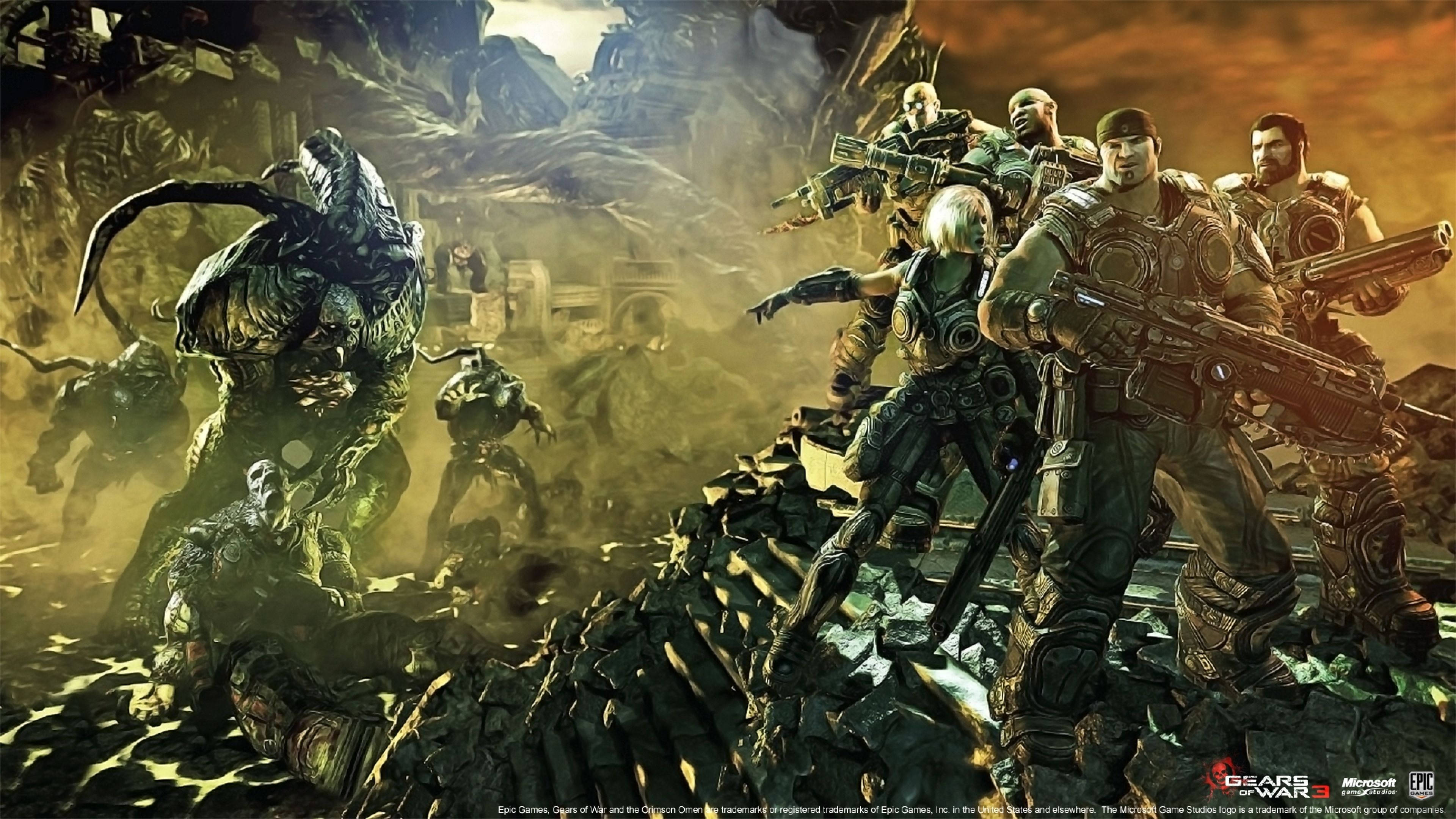 Gears Of War, soldiers, monstrous alien creatures, 4K Desktop Wallpaper
