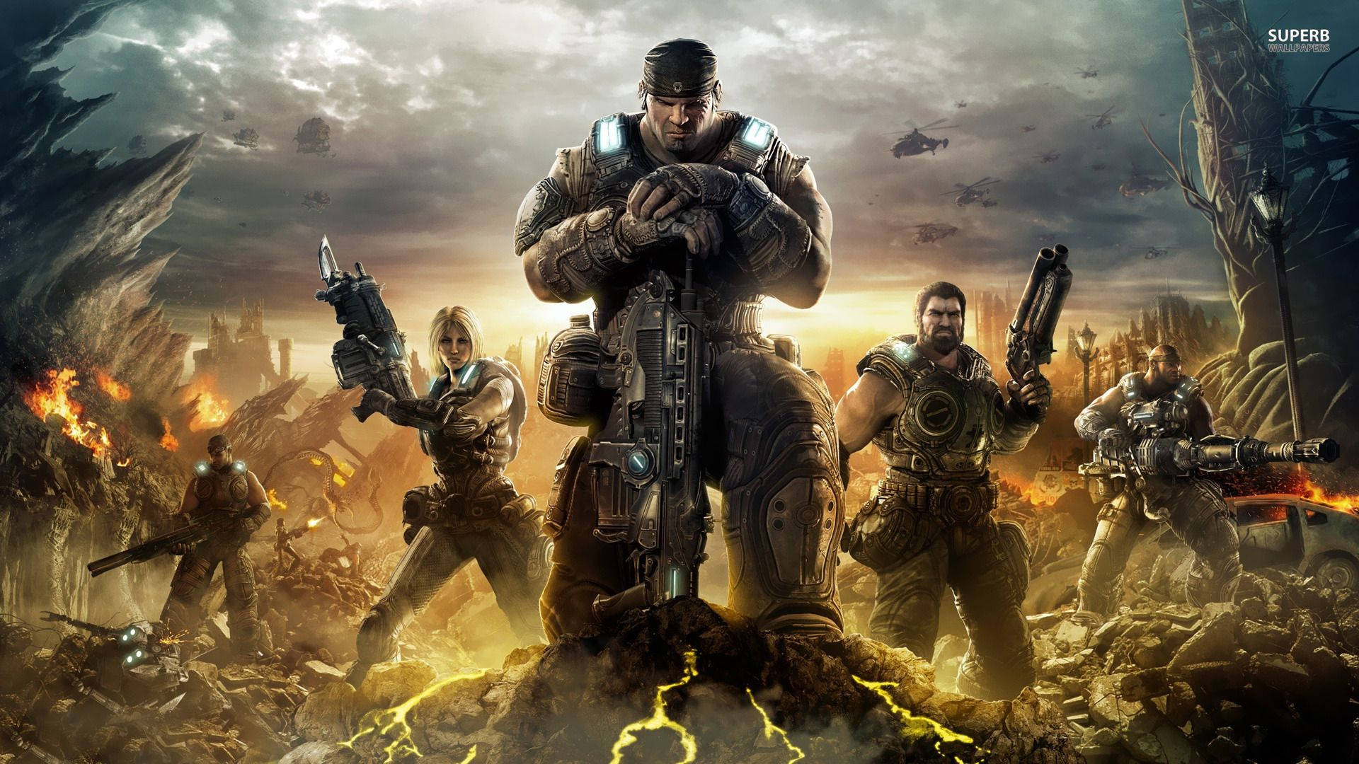 Gears Of War, squad of heavily armed soldiers, war-torn battlefield, Full HD Desktop Wallpaper