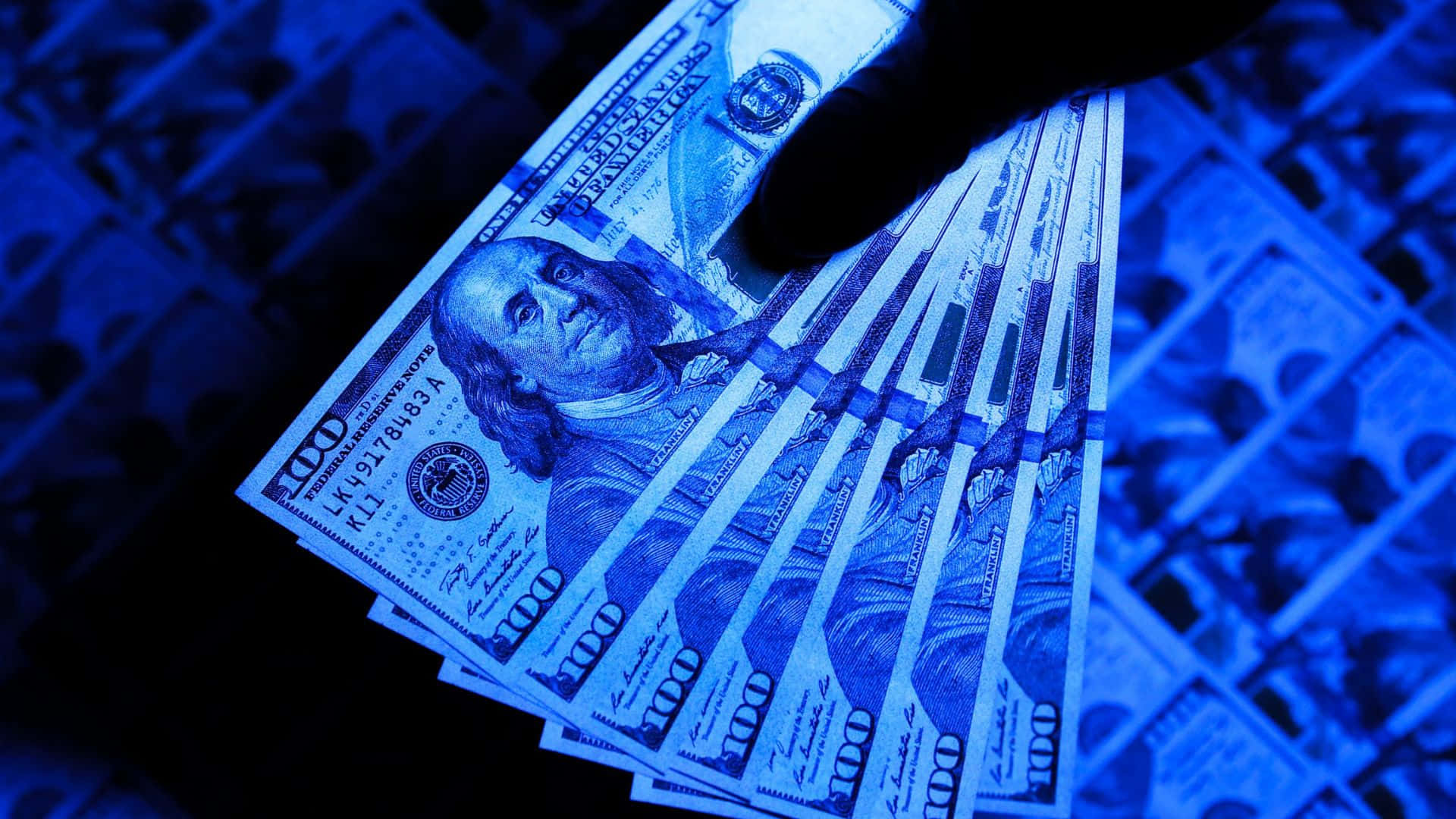 blue money aesthetic, gloved hand, hundred dollar bills, Full HD Desktop Wallpaper