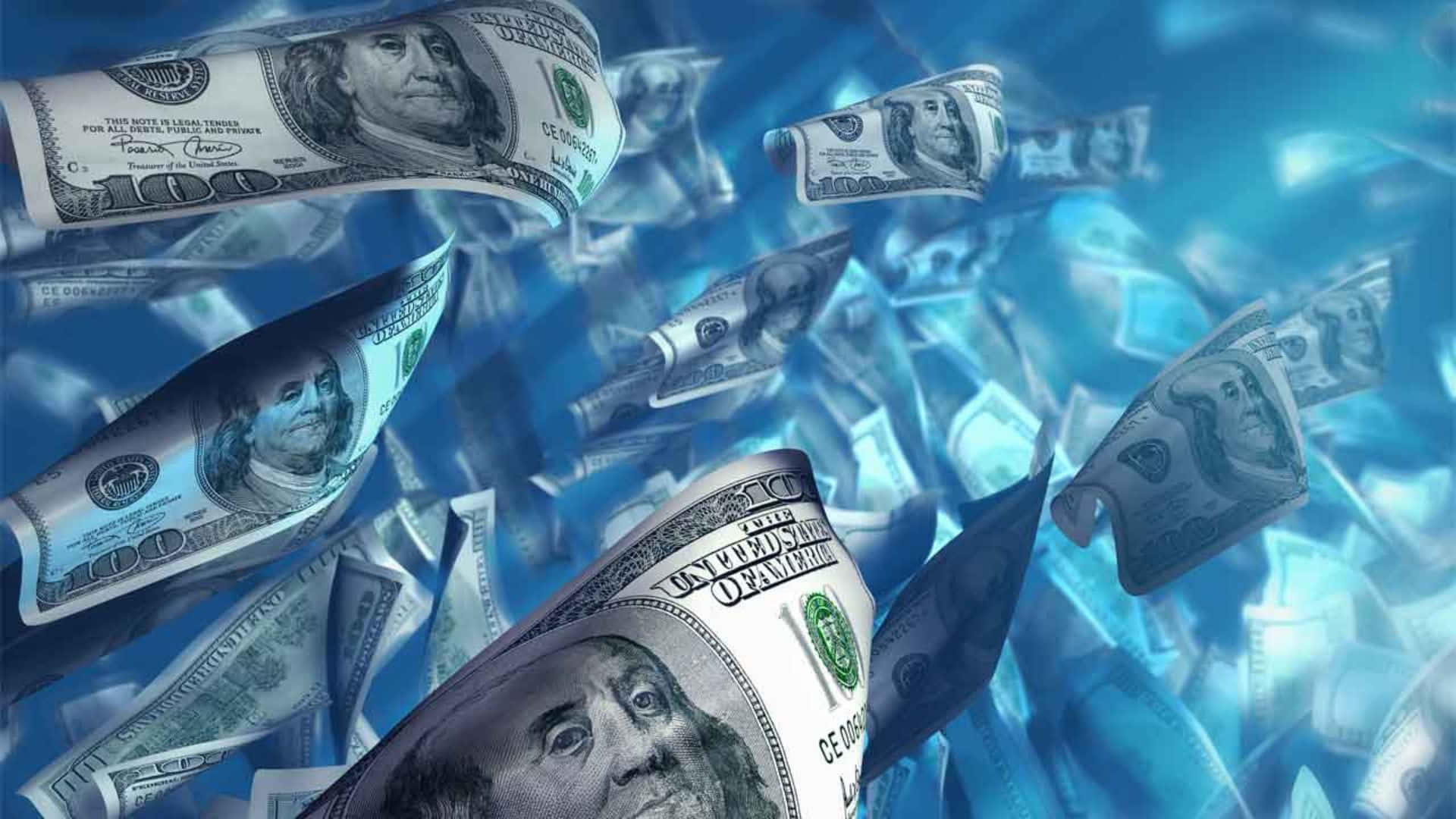 blue money flow aesthetic, hundred dollar bills, vibrant blue watery background, Full HD Desktop Wallpaper