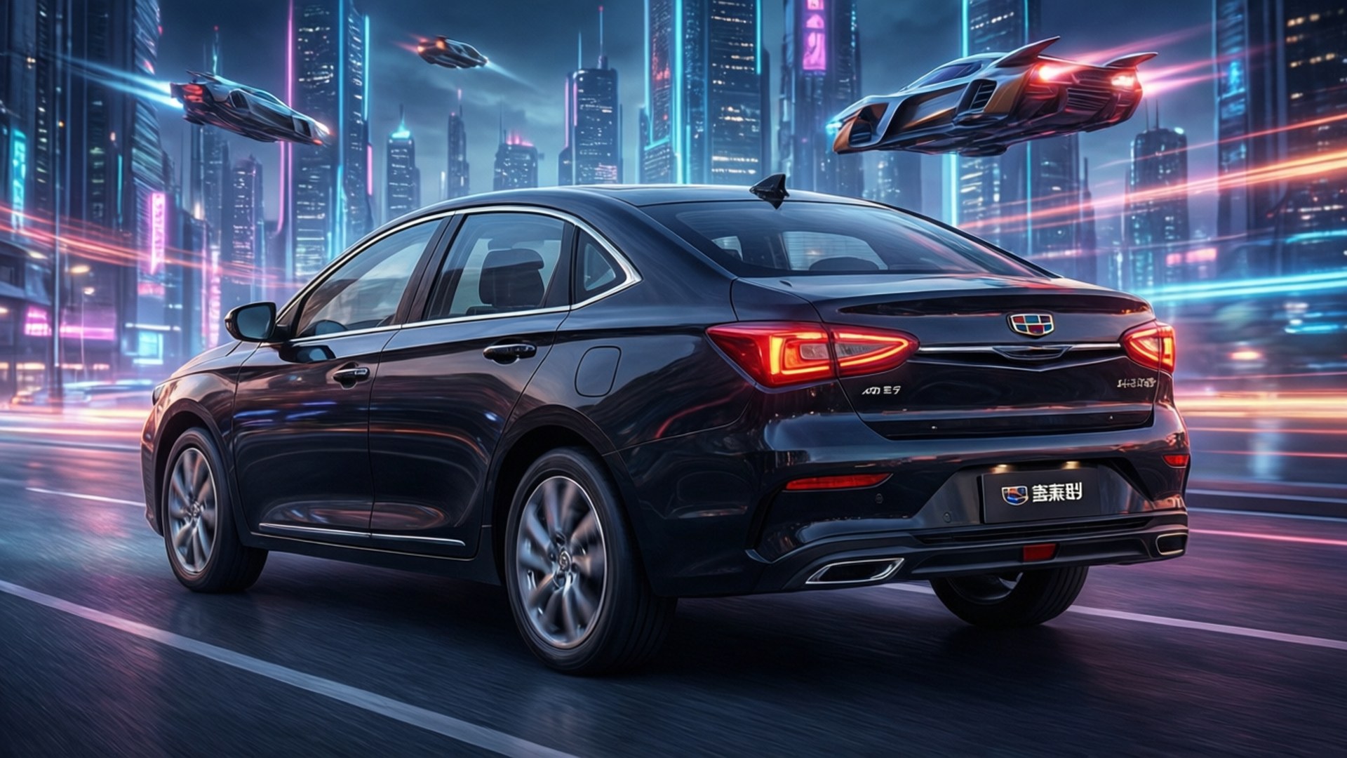 Geely Emgrand, cyberpunk city, Black, Full HD Desktop Wallpaper
