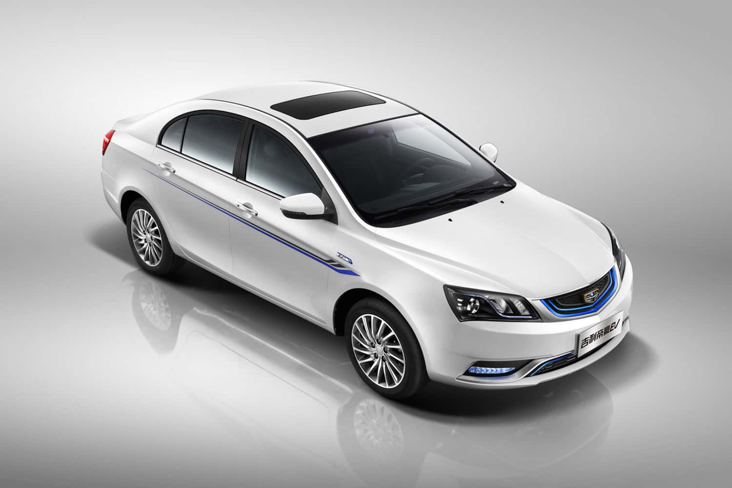 Geely Emgrand, white sedan, blue accent stripes, HD Desktop Wallpaper