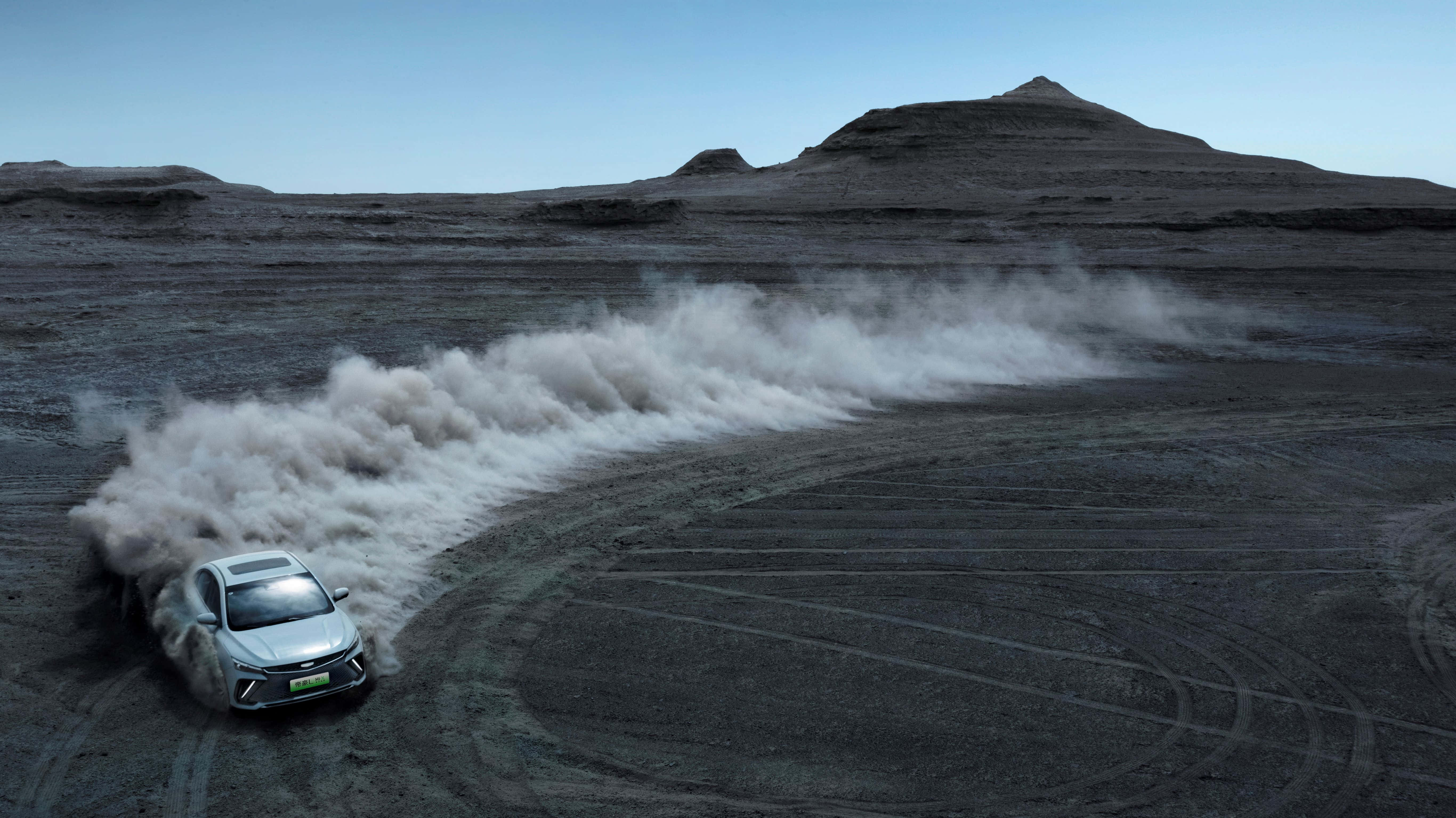 Geely Emgrand, silver, barren volcanic landscape, 5K Desktop Wallpaper