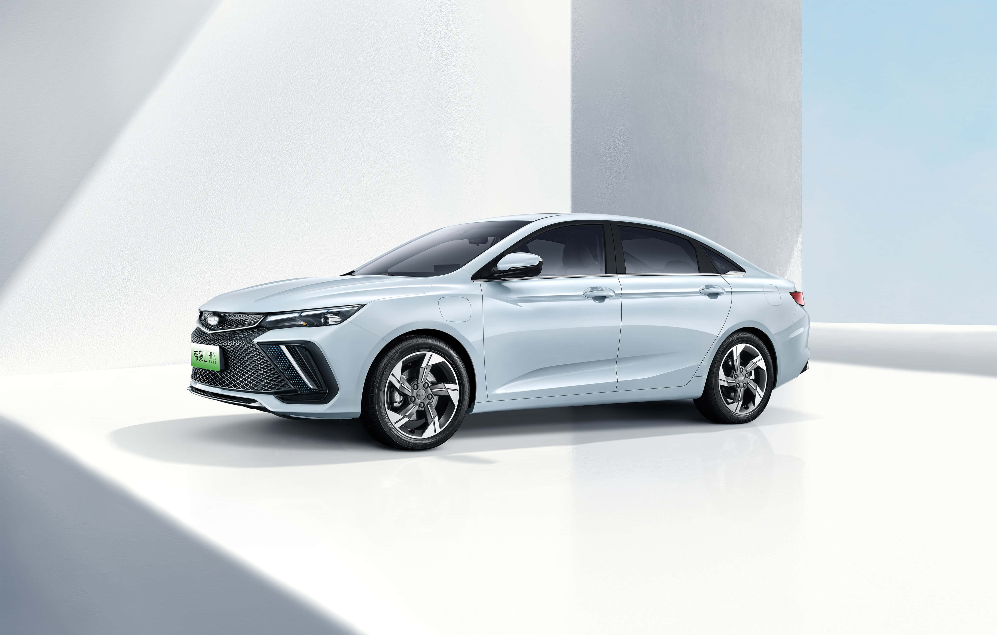 Geely Emgrand, sleek silver electric sedan, minimalist studio, 4K Desktop Wallpaper