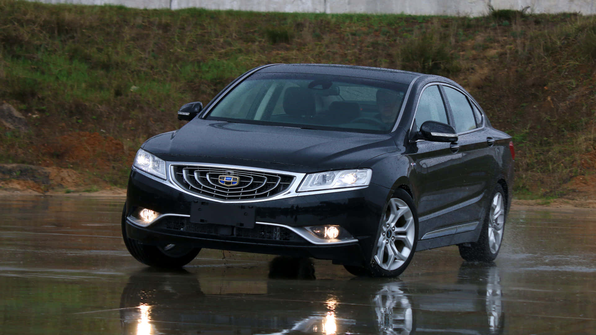 Geely GC9, sleek black sedan, wet pavement, Full HD Desktop Wallpaper