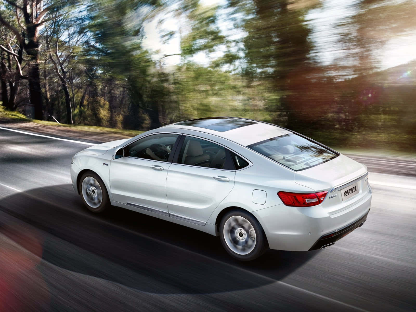 Geely GC9, sleek silver sedan, forest-lined road, HD Desktop Wallpaper