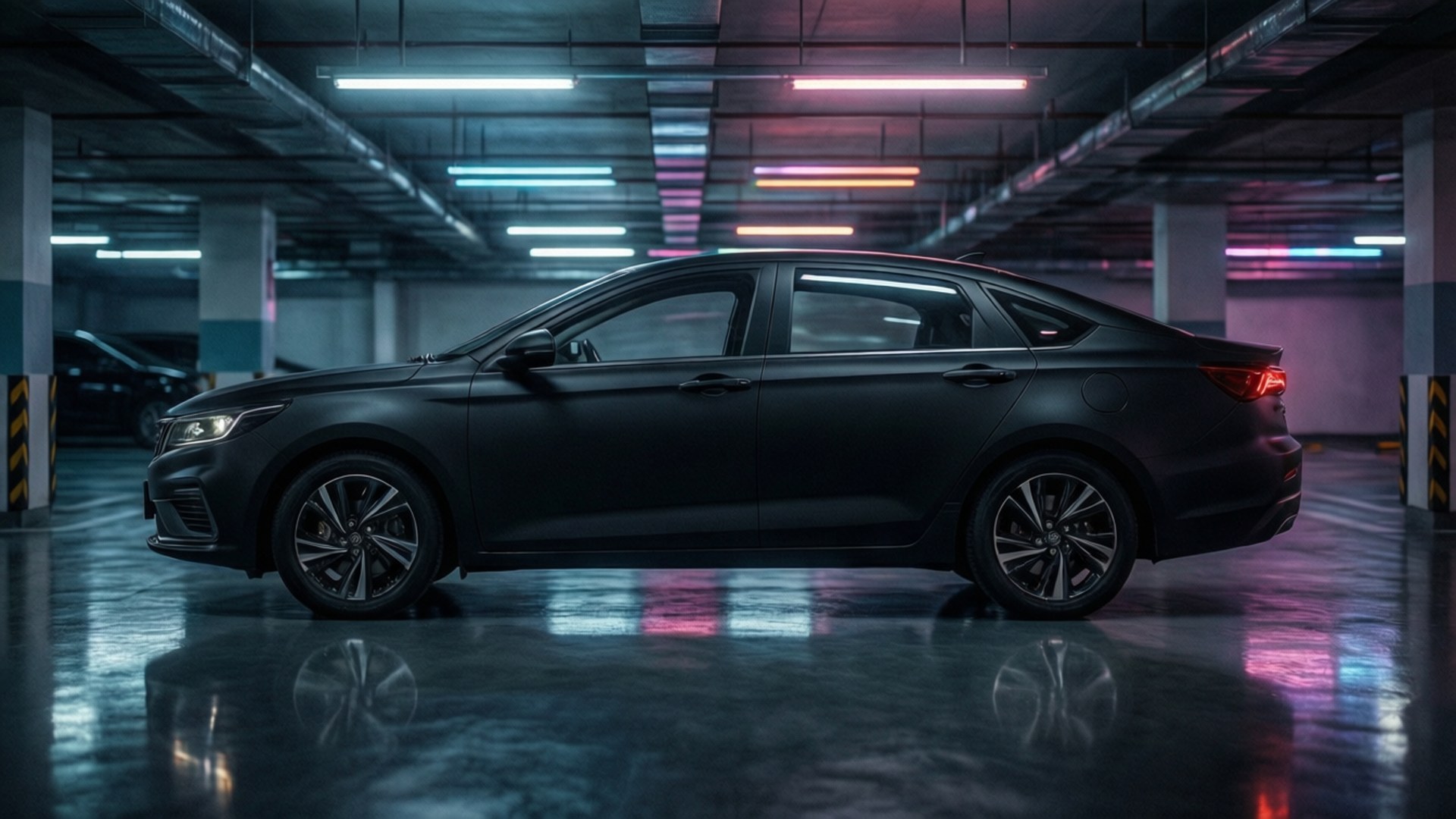 Geely GC9, matte black, neon-lit parking garage, Full HD Desktop Wallpaper