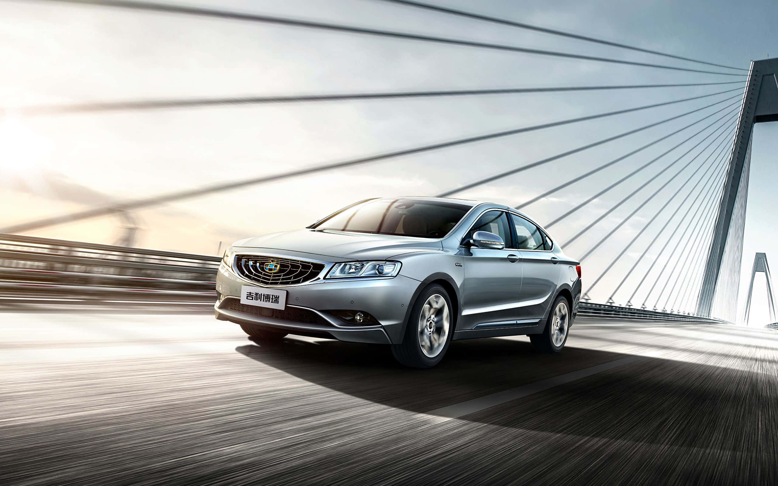 Geely, sleek silver sedan, modern cable-stayed bridge, 2K Desktop Wallpaper